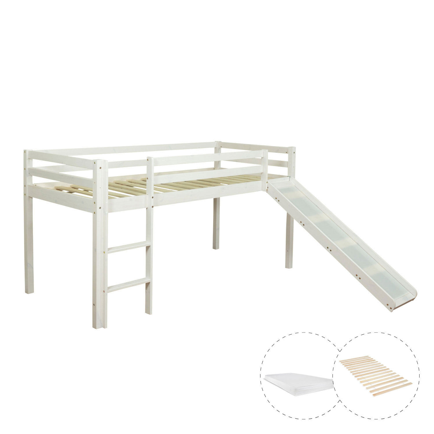 Loft Bed with Mattress Slatted Frame Slide 90x200 cm Children's Bed Bunk Bed White Play Bed