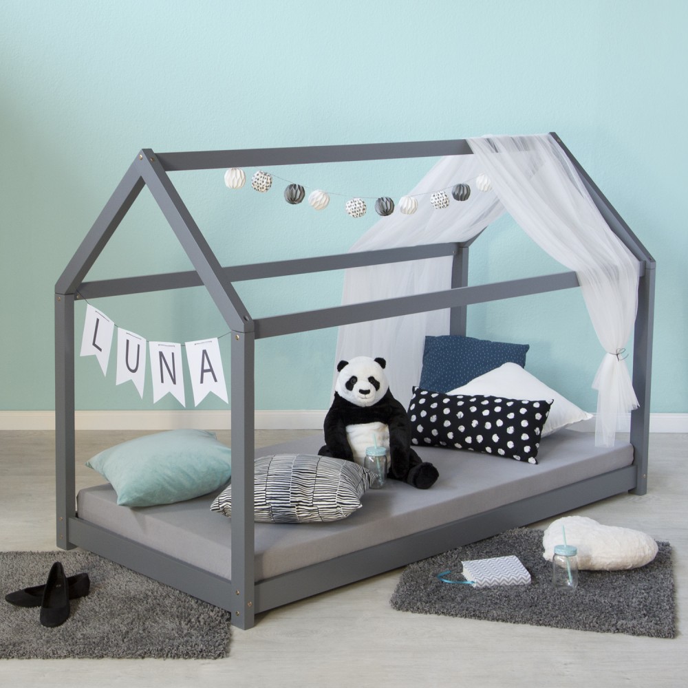 Lit Enfant 90x200 cm Gris | Lit Cabane | Lit Simple | avec Sommier | Bois | Lit au Sol