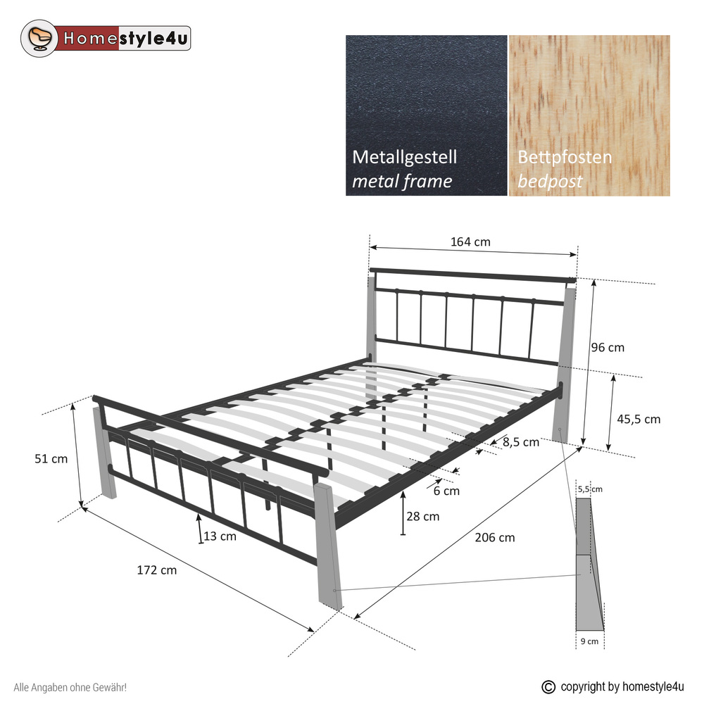 design metal lit double 160 x 200 cadre de lit lattes bois neuf 5072