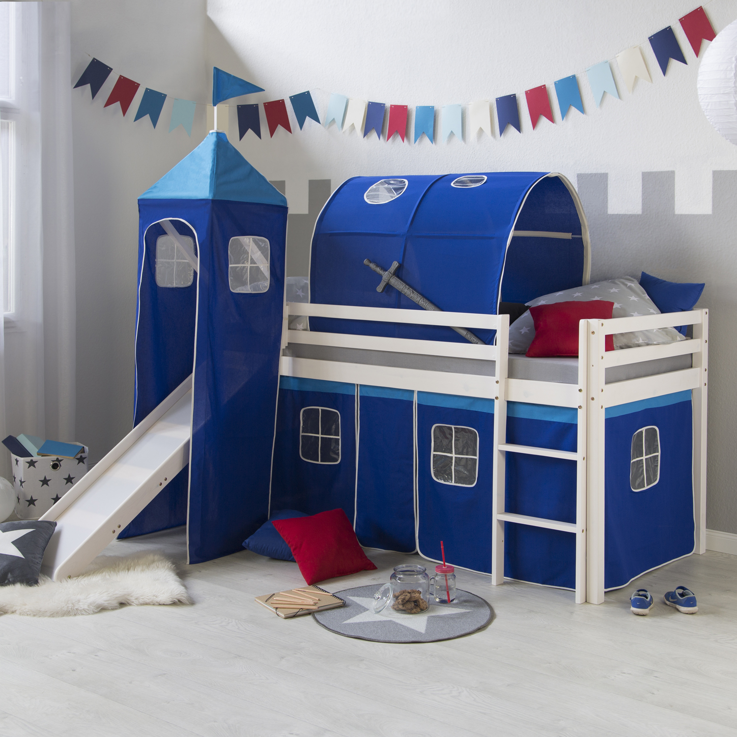 Hochbett mit Matratze 90x200 cm Turm Tunnel Rutsche Stockbett Kinderbett Leiter Holz Kiefer Vorhang blau Lattenrost Spielbett