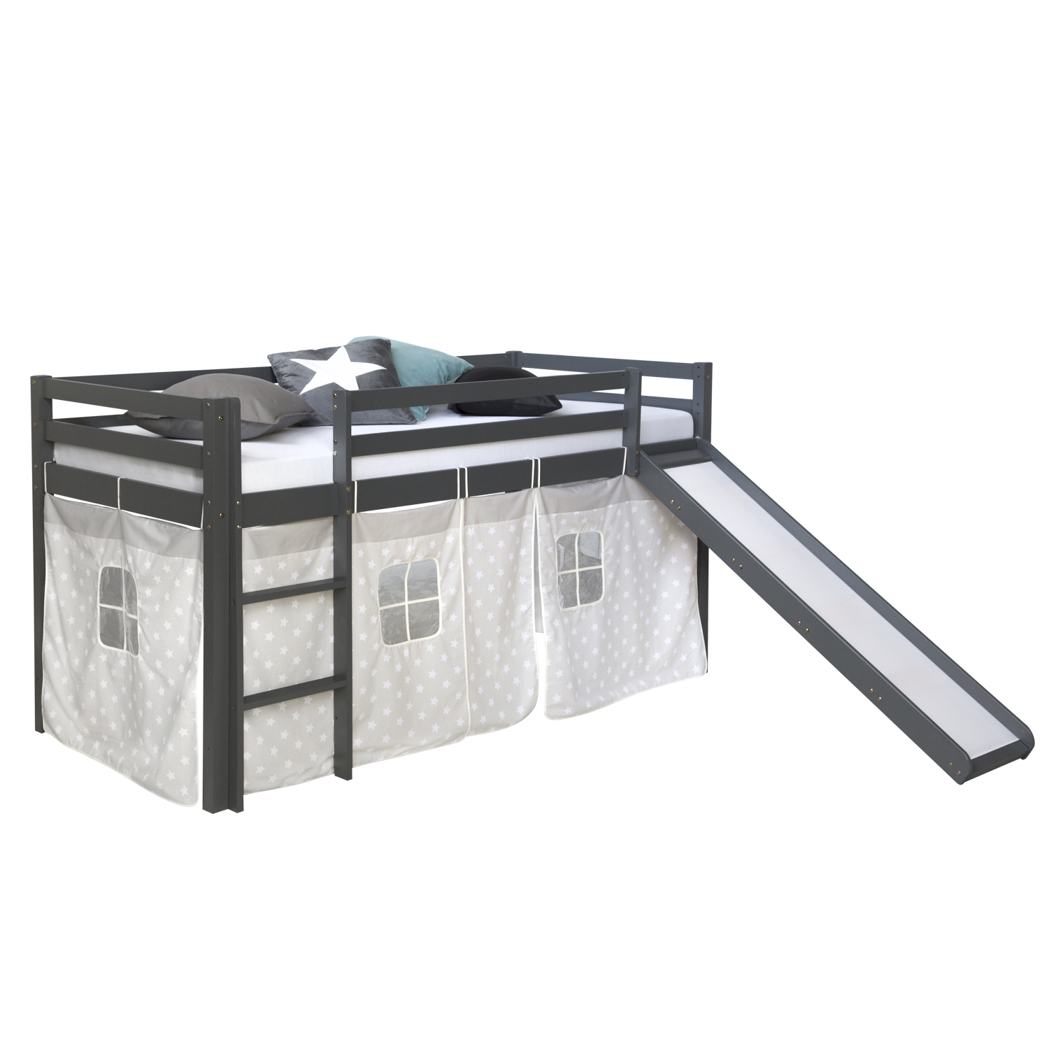 Loft Bed Kids 90x200 cm Gray with Curtain Stars | Slide | without Slatted Frame Loftbed 90x200 cm Grey Bunk bed Childrens bed Solid Pine Wood Tower Tunnel Curtain Stars Slide Mattress Slats