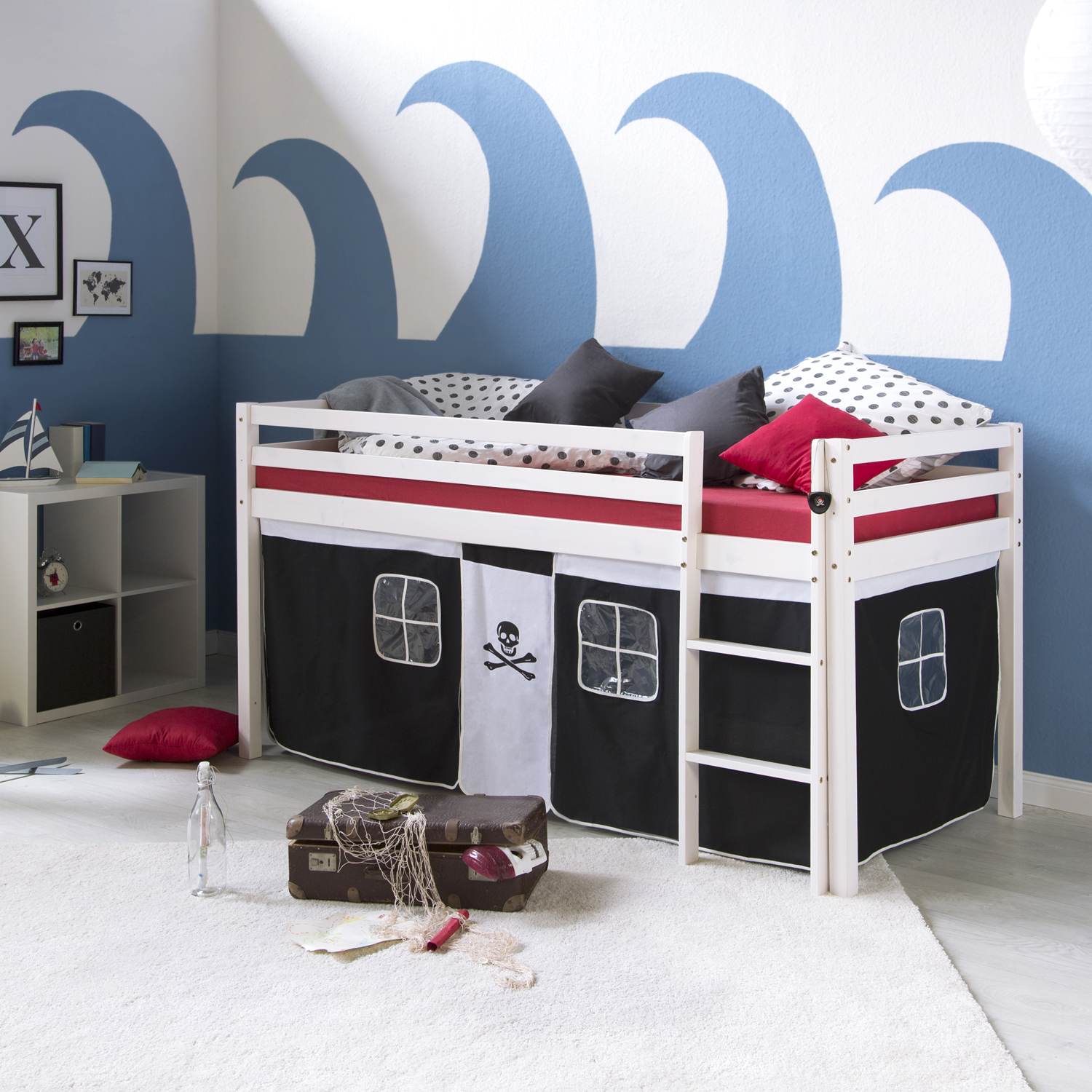 Loft Bed Kids 90x200 cm White with Curtain in Black | with Slatted Frame