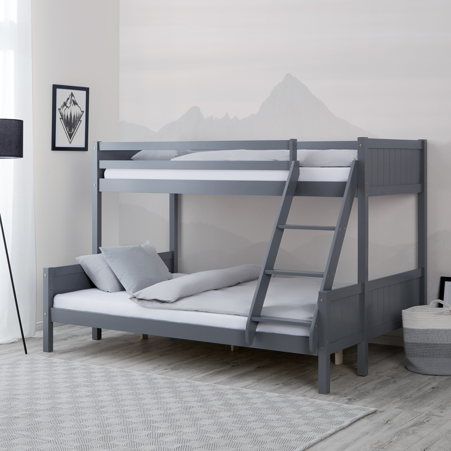 Bunk Bed Kids Bed 90x200 and 140x200 cm White Grey 2 Mattresses Wood Cabin Bed High Sleeper Bed Loft Bed Childrens Bed Twin Bed Drawer