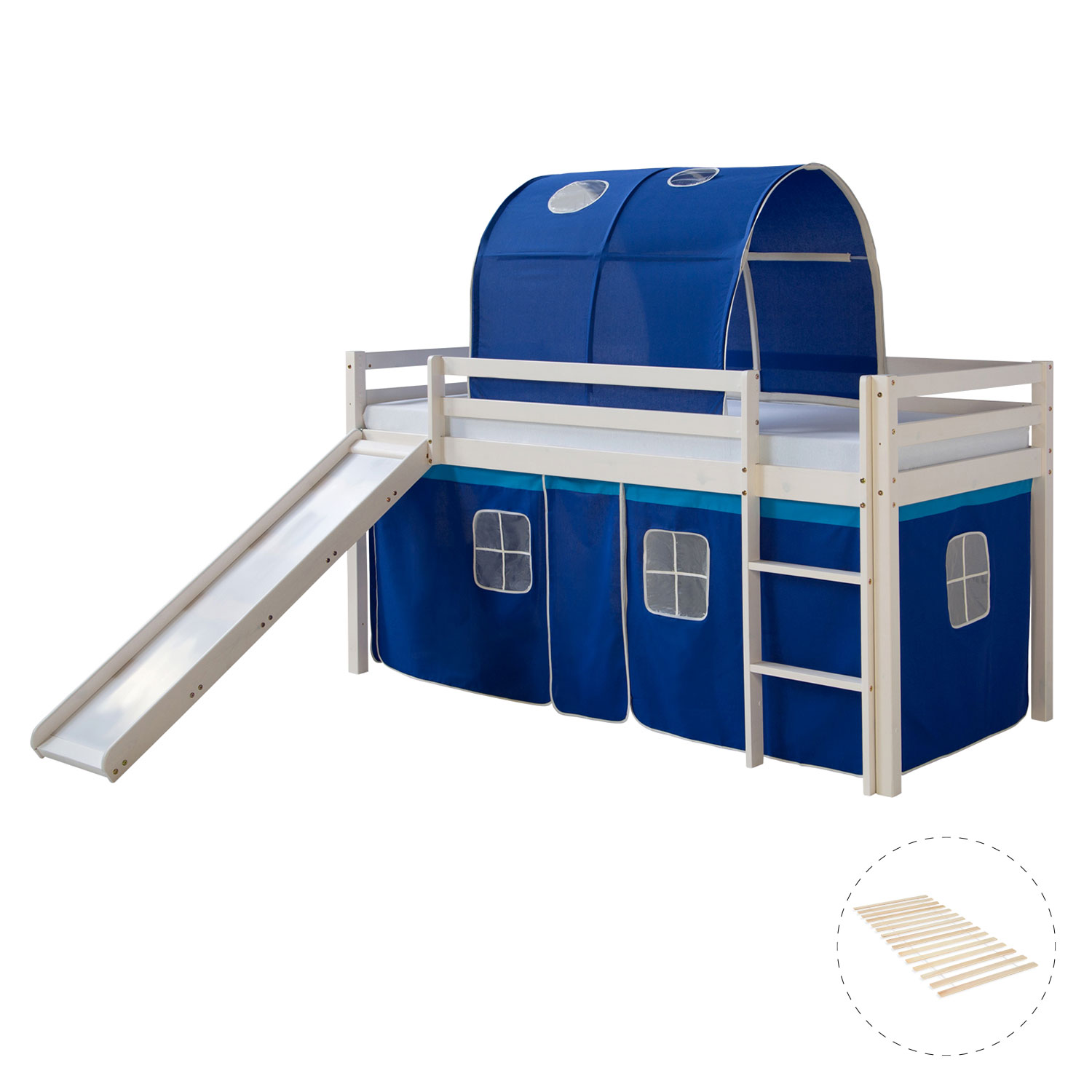 Loft Bed Kids 90x200 cm White with Curtain in Blue | Tunnel | Slide | with Slatted Frame Loft Bed Kids 90x200 cm White with Curtain in Blue | Tunnel | Slide | with Slatted Frame