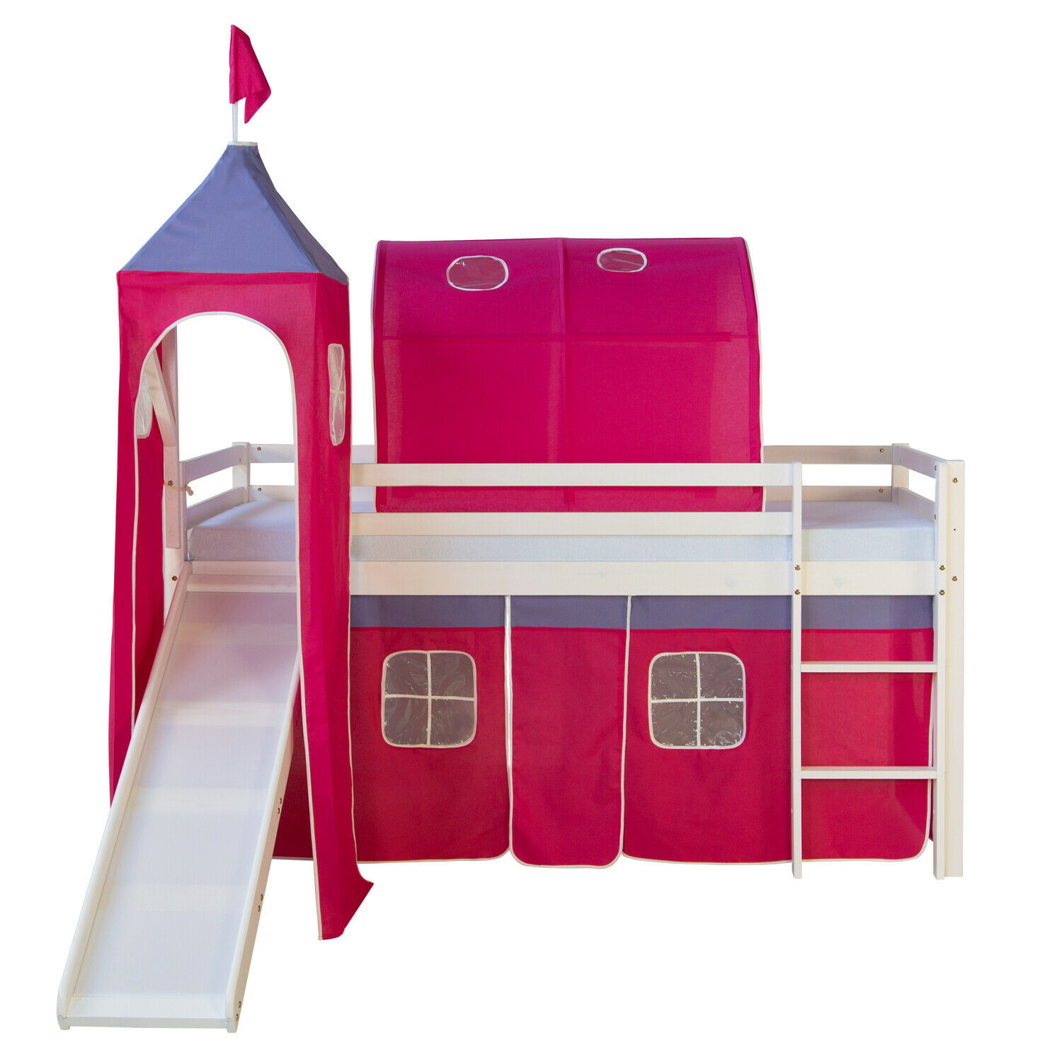 Lit Mezzanine Enfant 90x200 cm Blanc avec Rideau Rose | Tunnel | Tour | Toboggan | sans Sommier