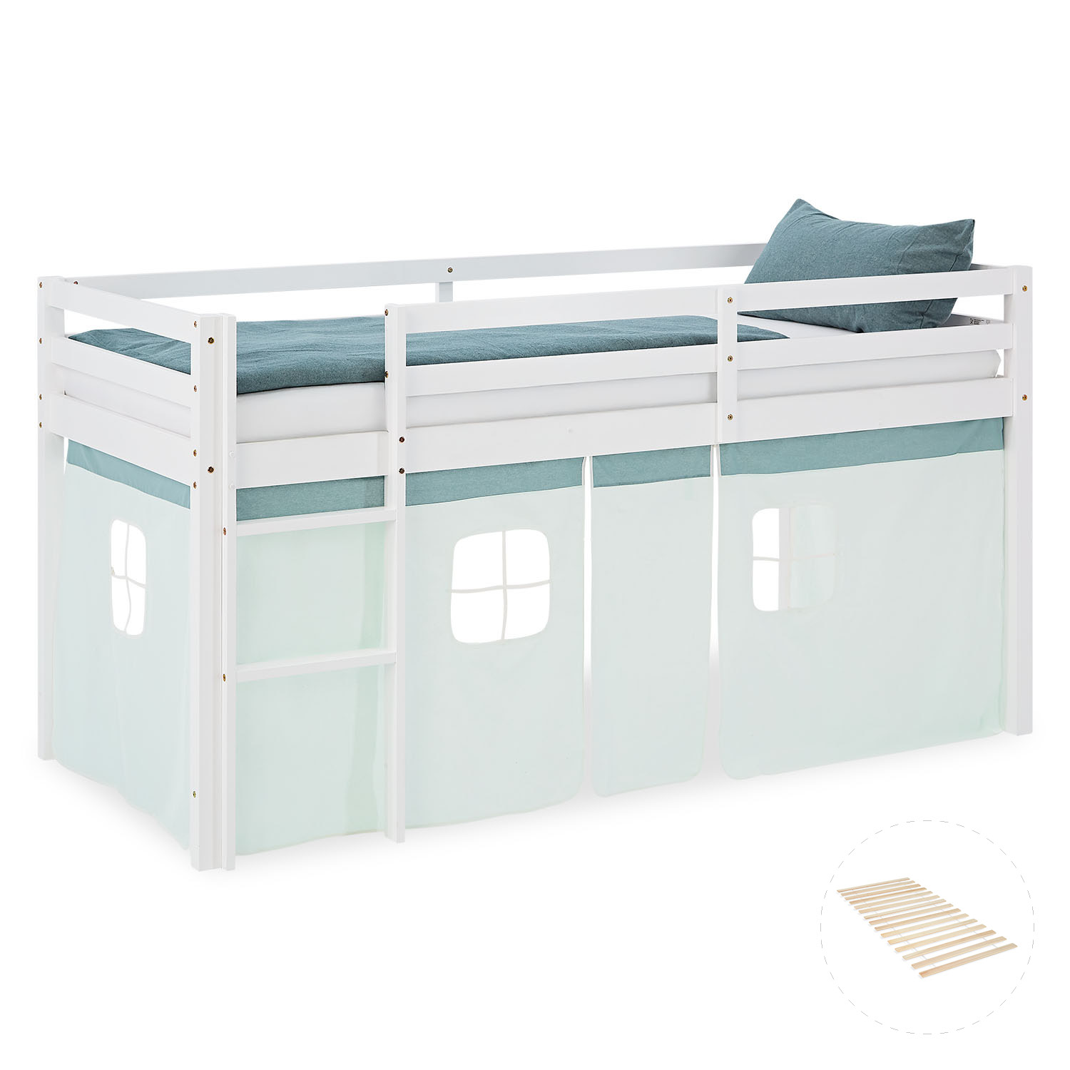 Loft Bed for Kids 90x200 cm White with Curtain in Mint Green | with Slatted Frame