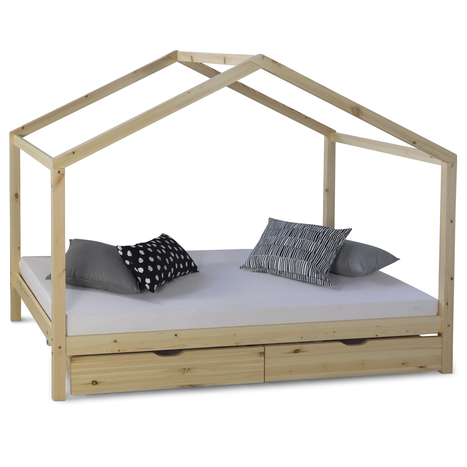 Children's Bed with mattress 90x200 House Bed Kids Bed Wooden Bed Natur Cot Drawer