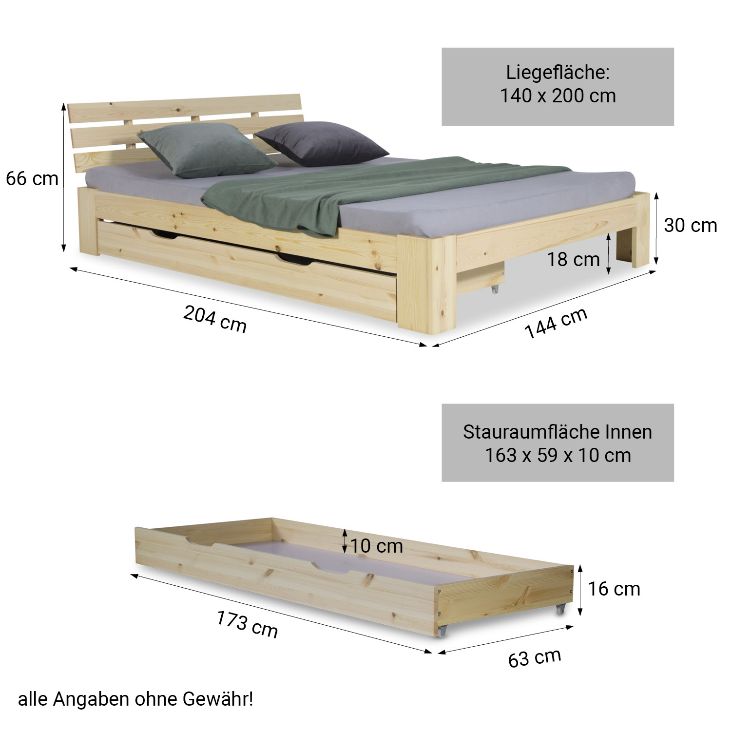 Wood Bed 140x200 cm Natural | Double Bed with Storage Drawer | with Slatted Frame | Solid | Kids Youth Guest Bedroom