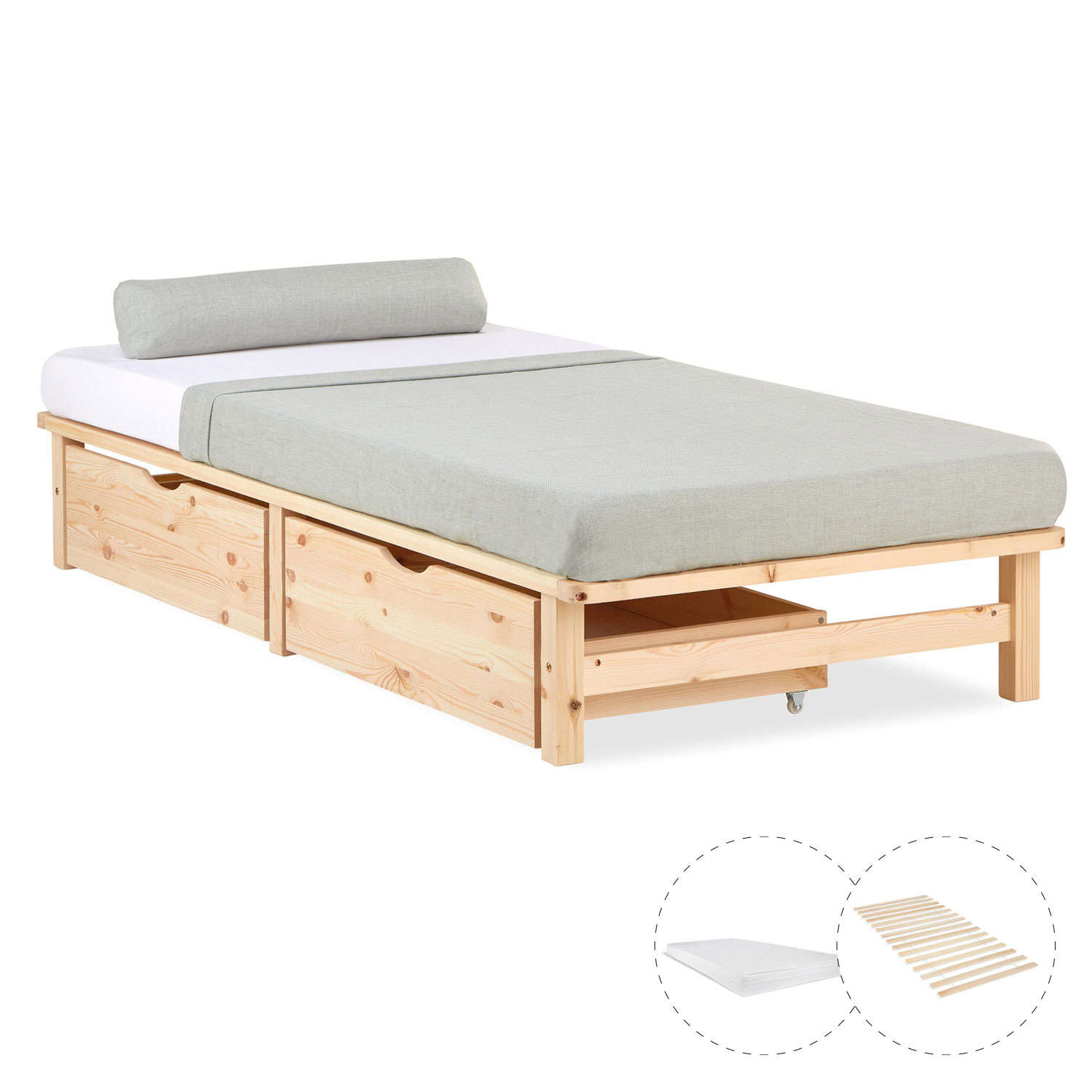 Pallet Bed 90x200 cm Natural | Single Bed with Storage Drawers | with Mattress | Wood | Kids Youth Guest Bedroom