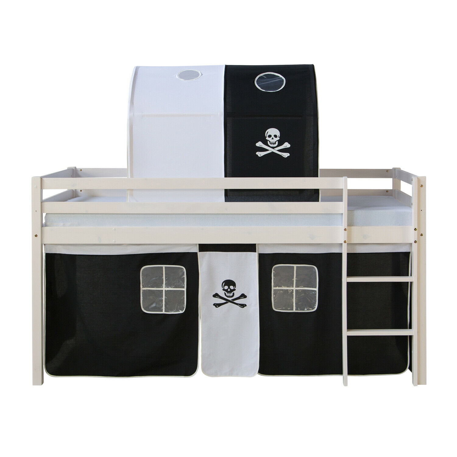 Loft Bed Kids 90x200 cm White with Curtain in Black | Tunnel | without Slatted Frame