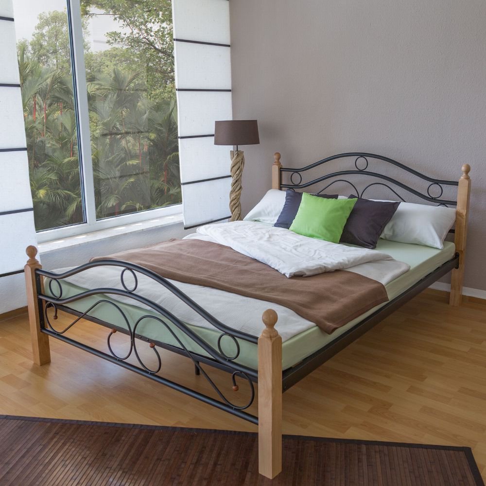 Metal Bed Iron Bed Double 180 x 200 Wood Slatted black natural bed frame 803 Metal Bed Iron Bed Double 160 x 200 Wood Slatted black natural bed frame 803