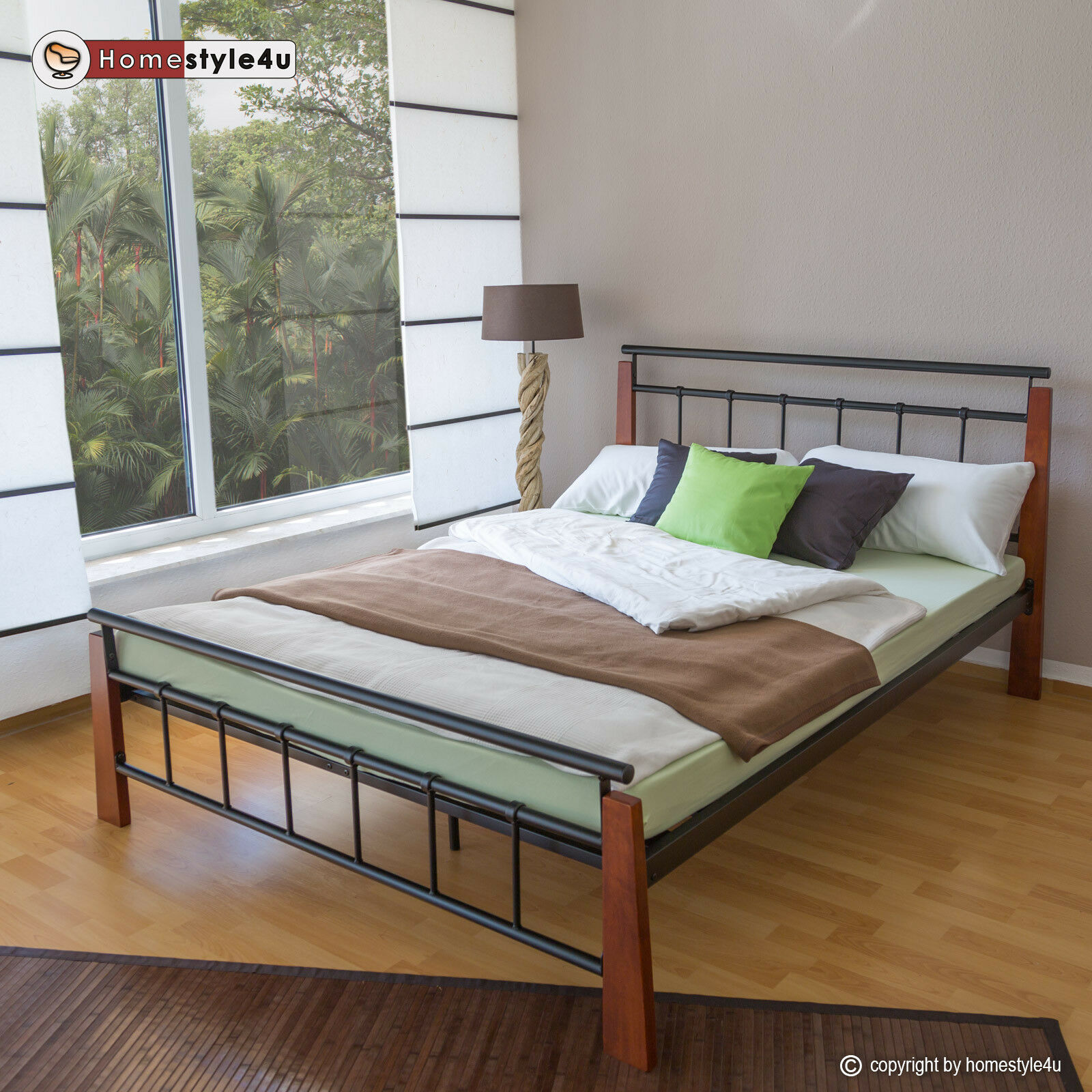 Metal Bed Iron Bed Double 180 x 200 Wood Slatted black brown bed frame 5072