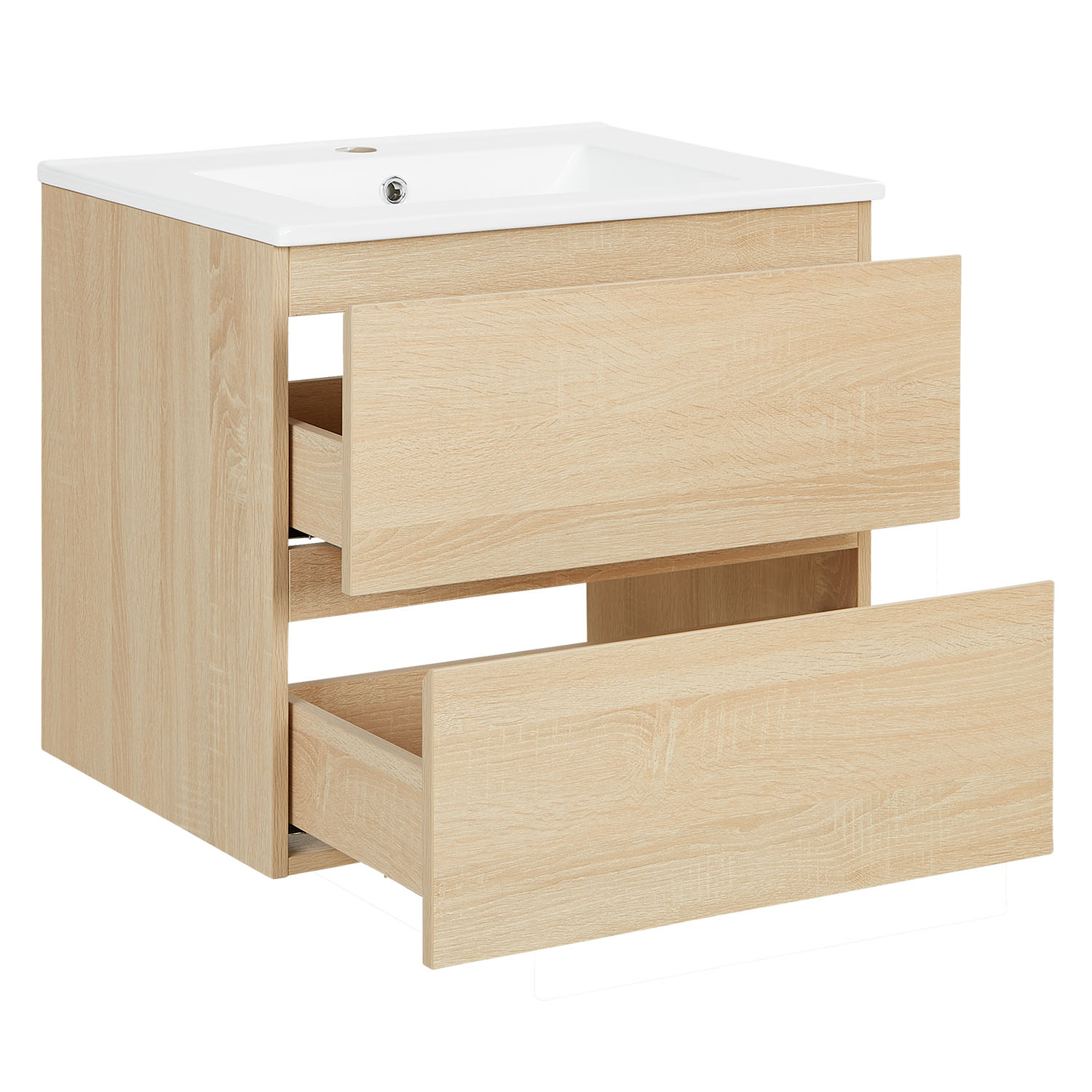 Meuble salle de bain Meuble vasque 60 cm Bois Chêne Naturelle Rangement Meuble lavabo Plan vasque Console de salle de bain