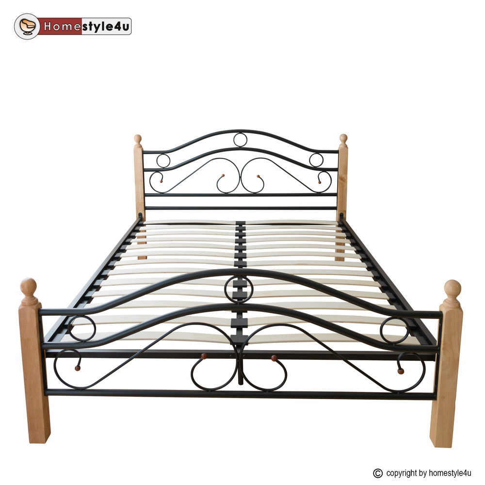 Metal Bed Iron Bed Double 180 x 200 Wood Slatted black natural bed frame 803