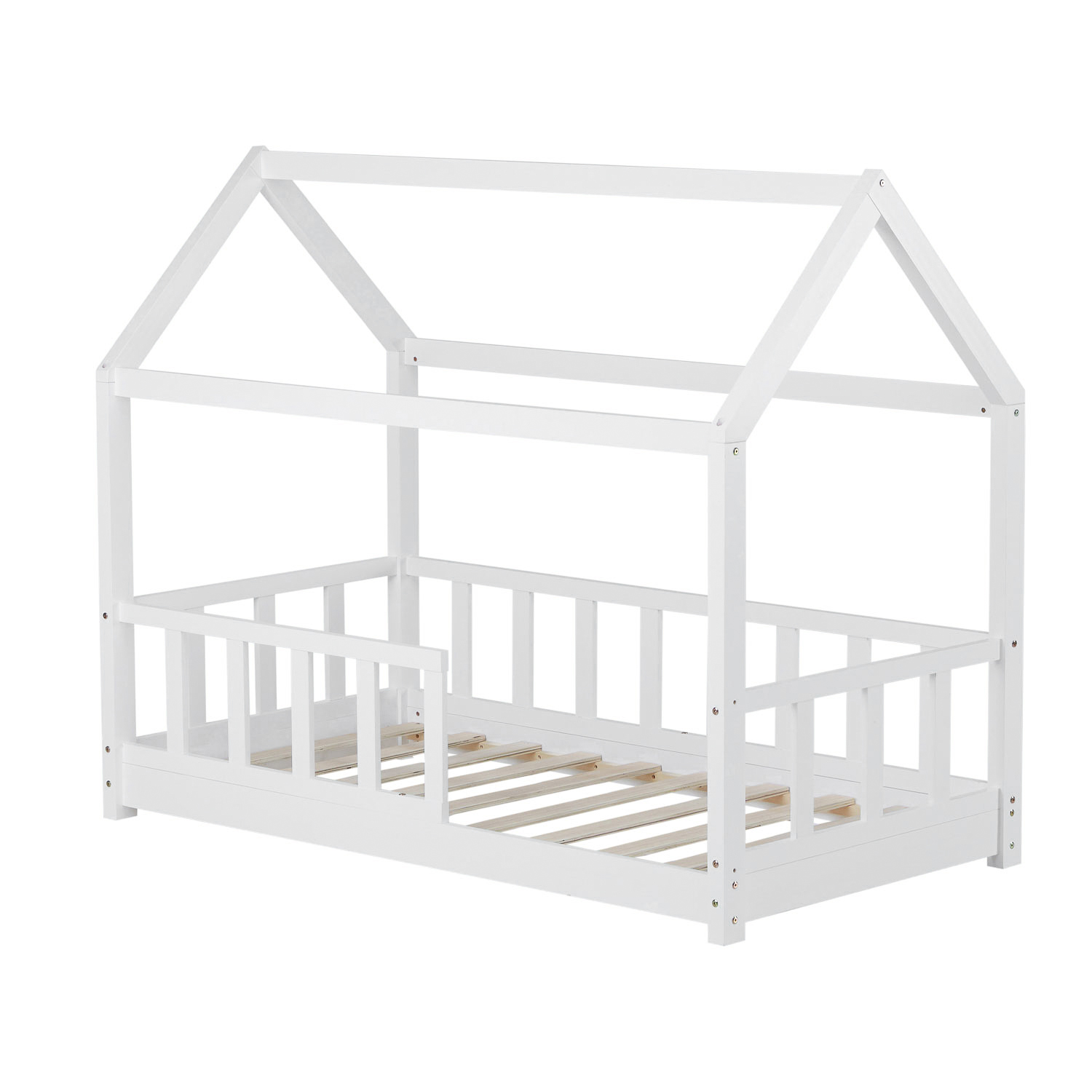 Children's Bed 80x160 cm White | House Bed with Fall Protection | Montessori | Single Bed | with Slatted Frame | Wood