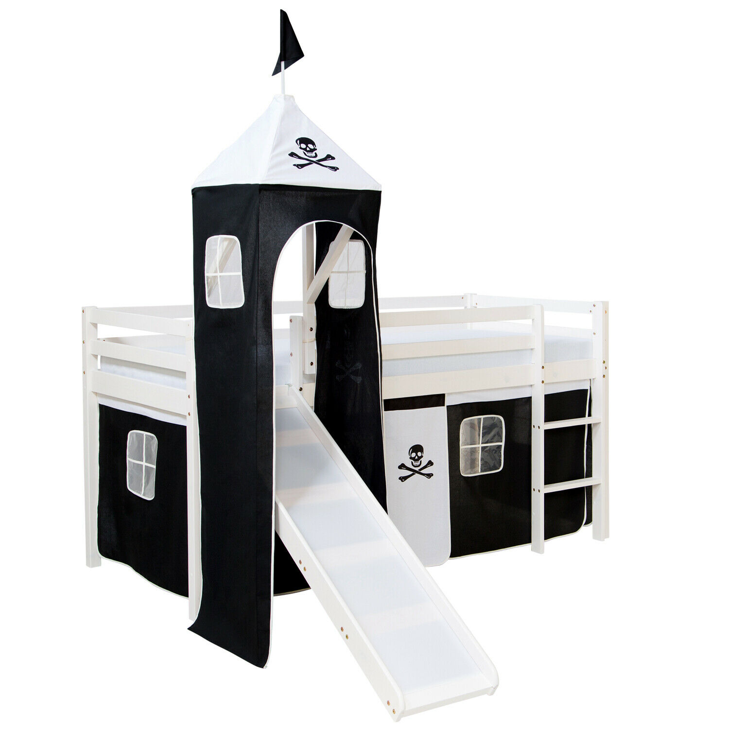 Loft Bed Kids 90x200 cm White with Curtain in Black | Tower | Slide | without Slatted Frame Loft Bed Kids 90x200 cm White with Curtain in Black | Tower | Slide | without Slatted Frame