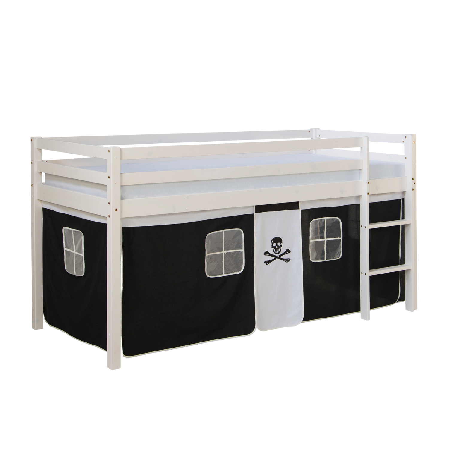 Loftbed 90x200 cm with Mattress Bunk bed Childrens bed Solid Pine Wood Slats Curtain Black Pirate