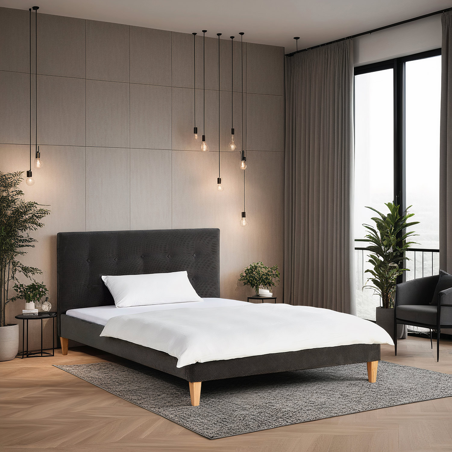 Lit 2 Places 140x200 cm avec Matelas Lit double Lit Rembourré Tissu Velours Anthracite Cadre de Lit Adulte Gris Sommier à Lattes