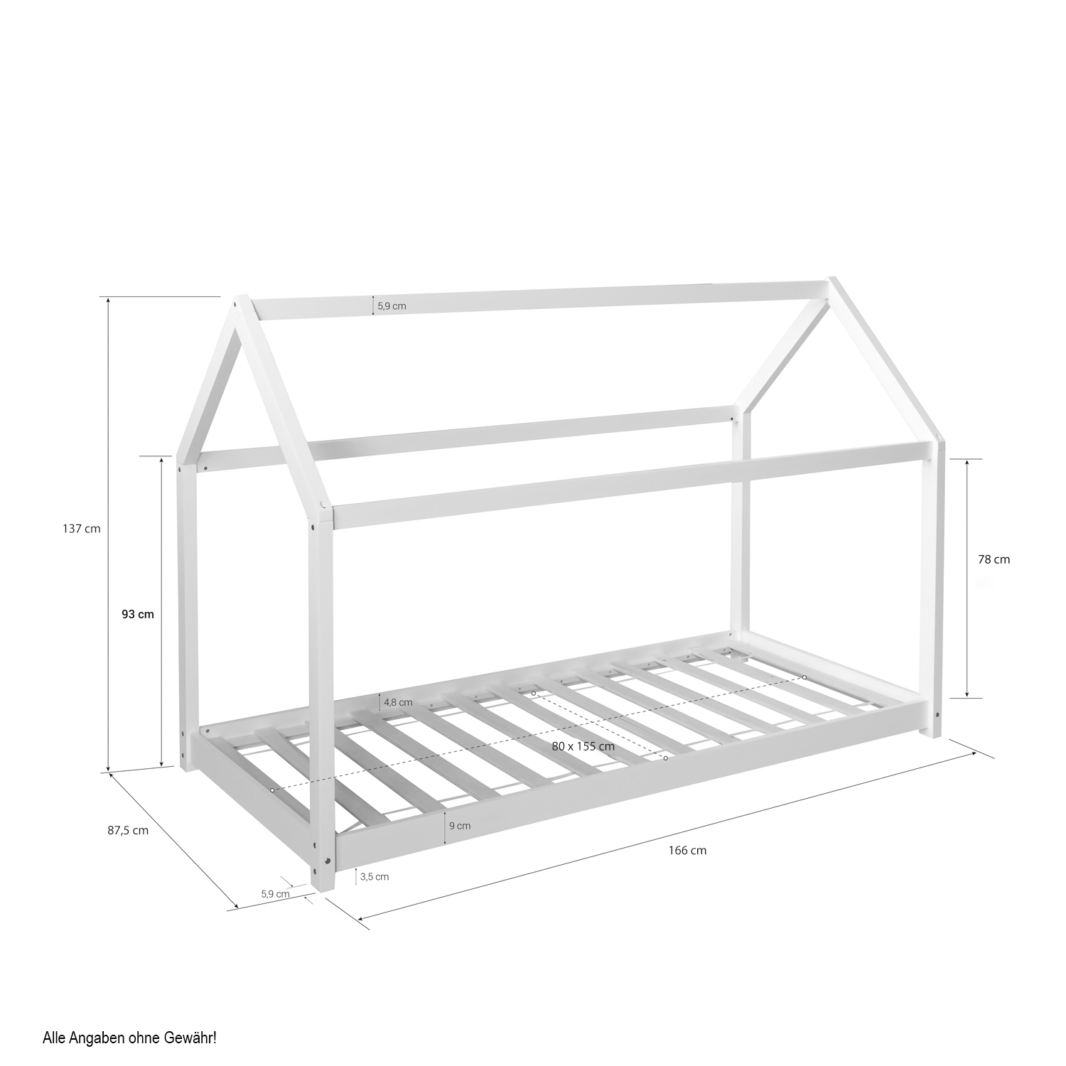 Kinderbett 80x160 cm Grau | Hausbett | Einzelbett | mit Lattenrost | Holz | Bodenbett