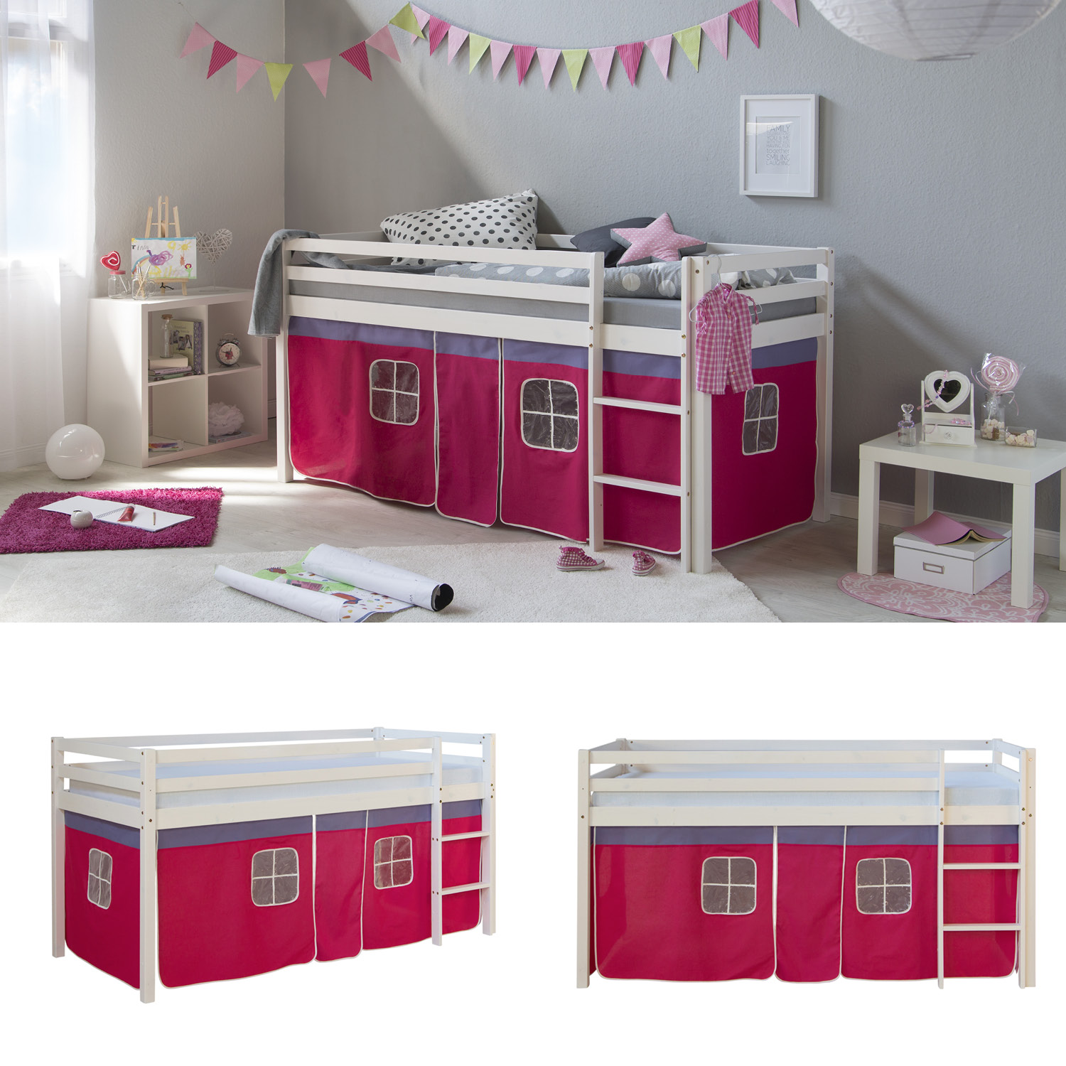 Loft Bed Kids 90x200 cm White with Curtain Pink | without Slatted Frame Loft Bed Kids 90x200 cm White with Curtain Pink | without Slatted Frame