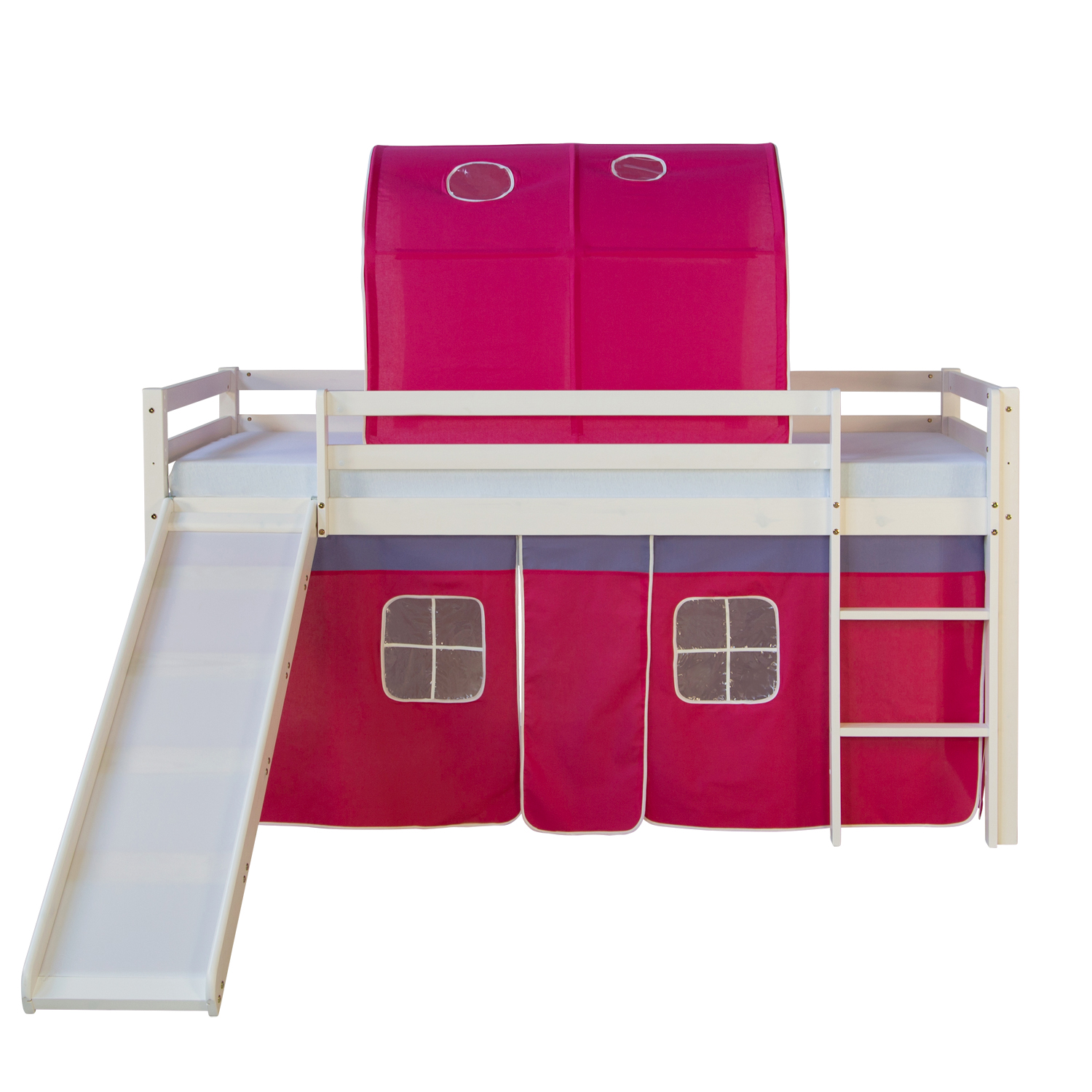 Loftbed with Mattress 90x200 cm Slide Bunk bed Childrens bed Solid Pine Wood Curtain Tunnel Pink Slatts