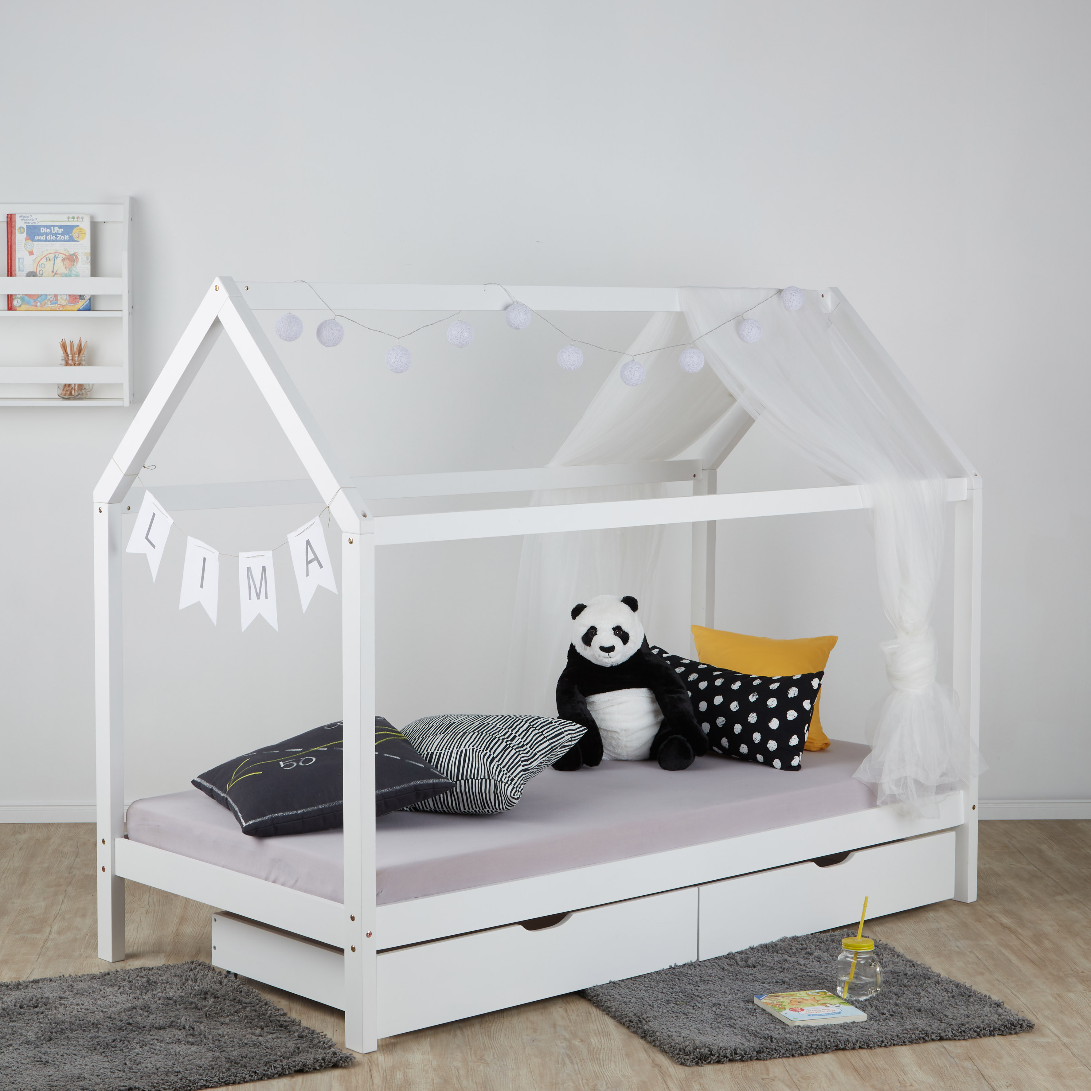 Lit Enfant 90x200 cm Blanc | Lit Cabane avec Tiroirs | Lit Simple | avec Sommier | Bois