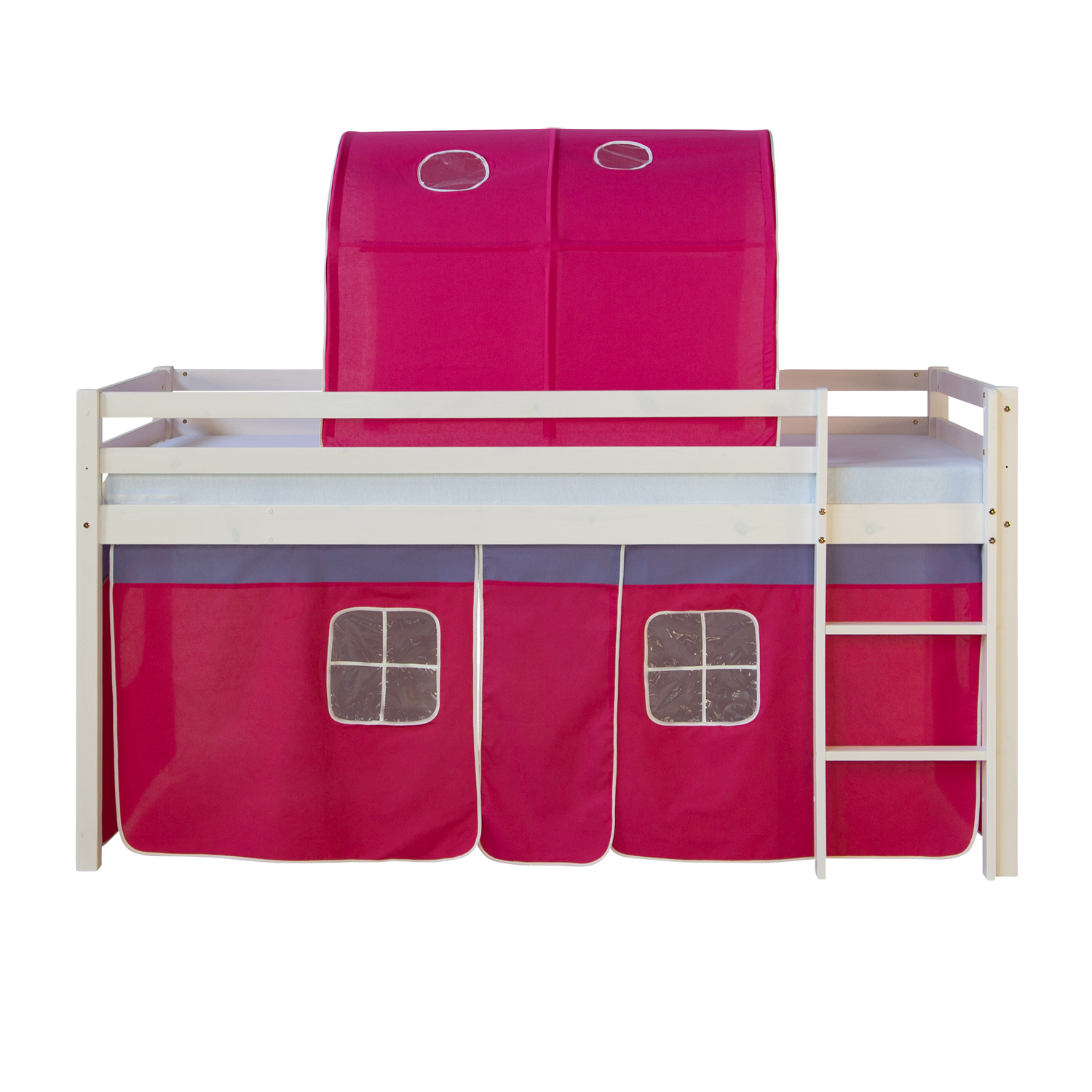 Loft Bed Kids 90x200 cm White with Curtain in Pink | Tunnel | without Slatted Frame Loftbed 90x200 cm with Mattress Bunk bed Childrens bed Solid Pine Wood Slats Tunnel Curtain Pink