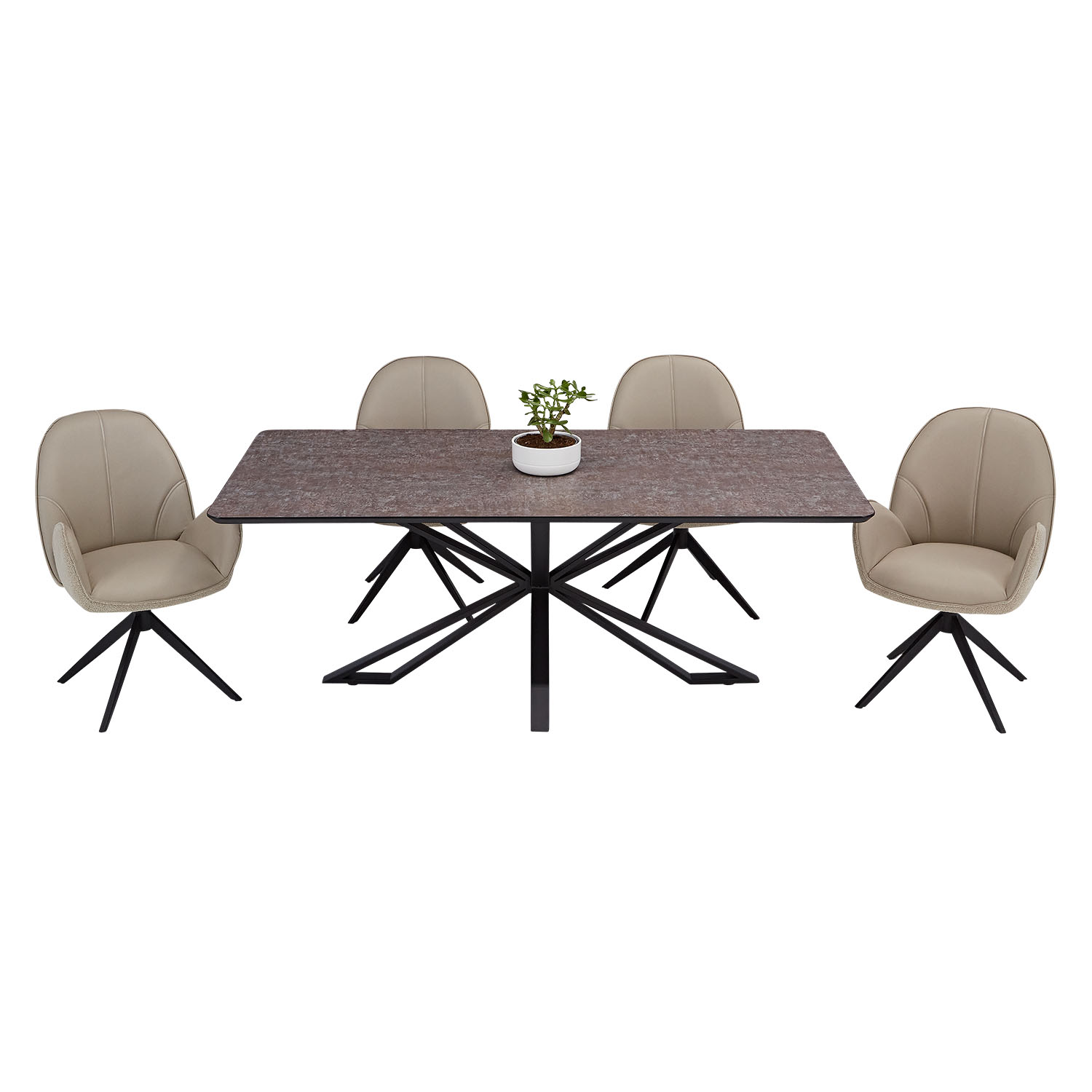 Modern Dining Table 200x100 cm Brown Black with 4 Bouclé Leather Chairs Beige Dining Room Table 8 Seater Industrial Look