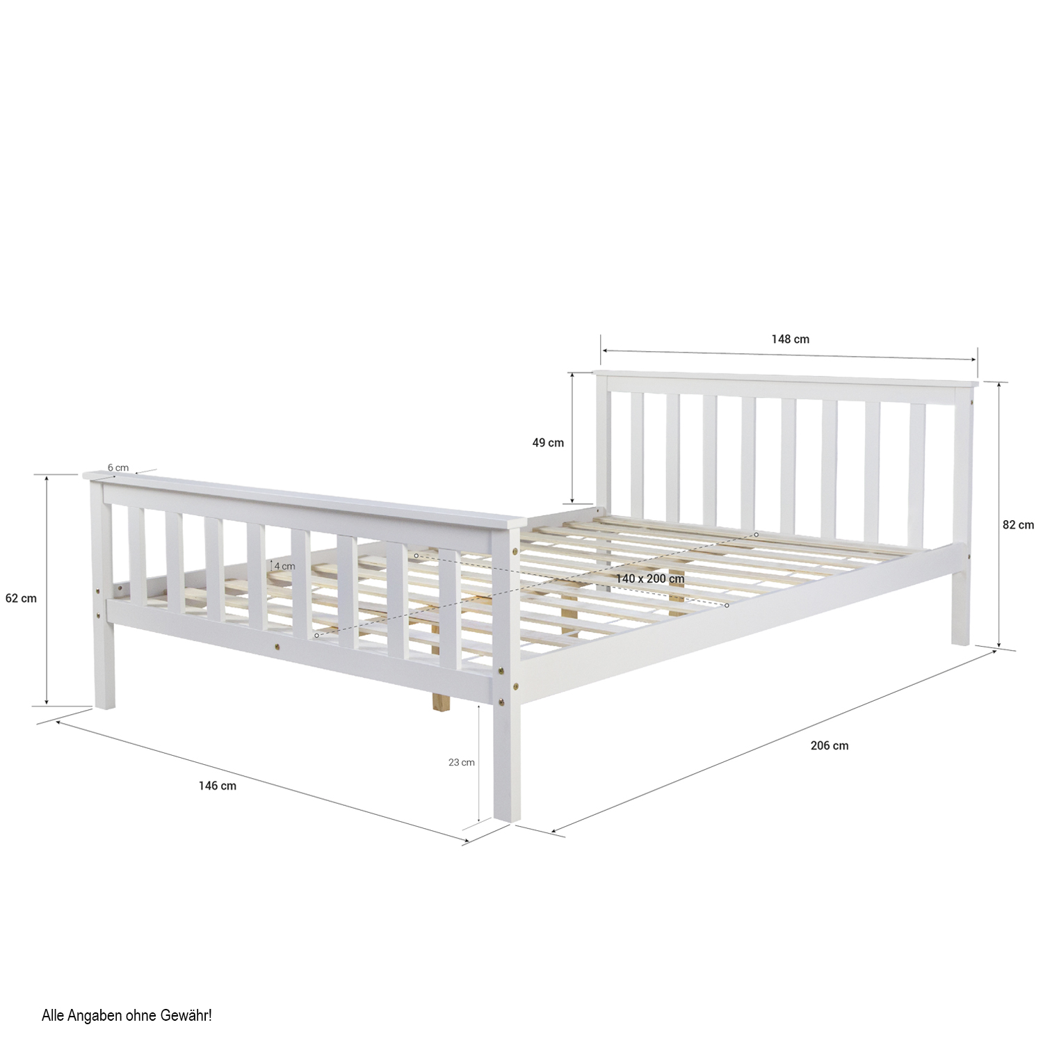 Holzbett 140x200 cm Weiß | Doppelbett | mit Lattenrost | massiv | Kind Jugend Gast Schlafzimmer