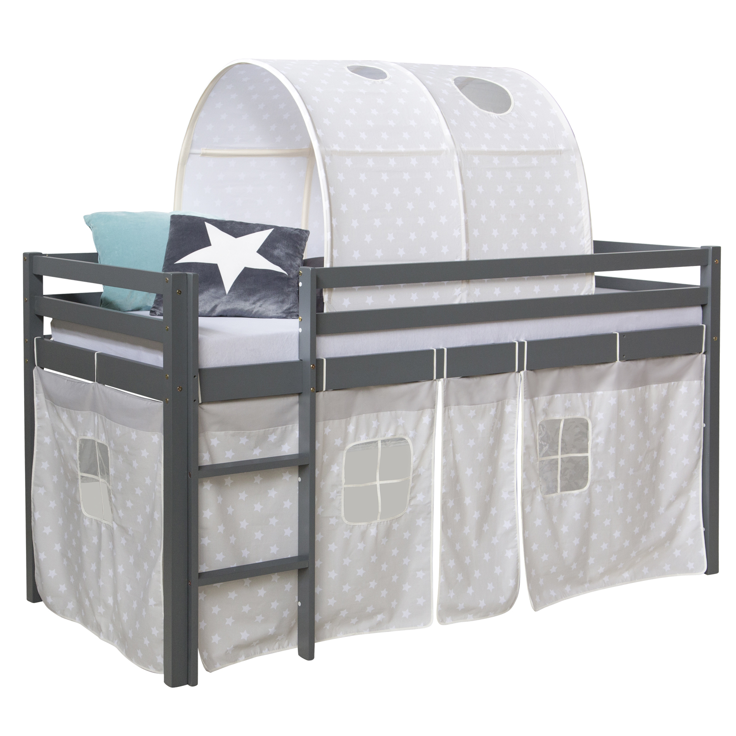 Loftbed 90x200 cm Grey Bunk bed Childrens bed Solid Pine Wood Tower Tunnel Curtain Stars Slide Mattress Slats