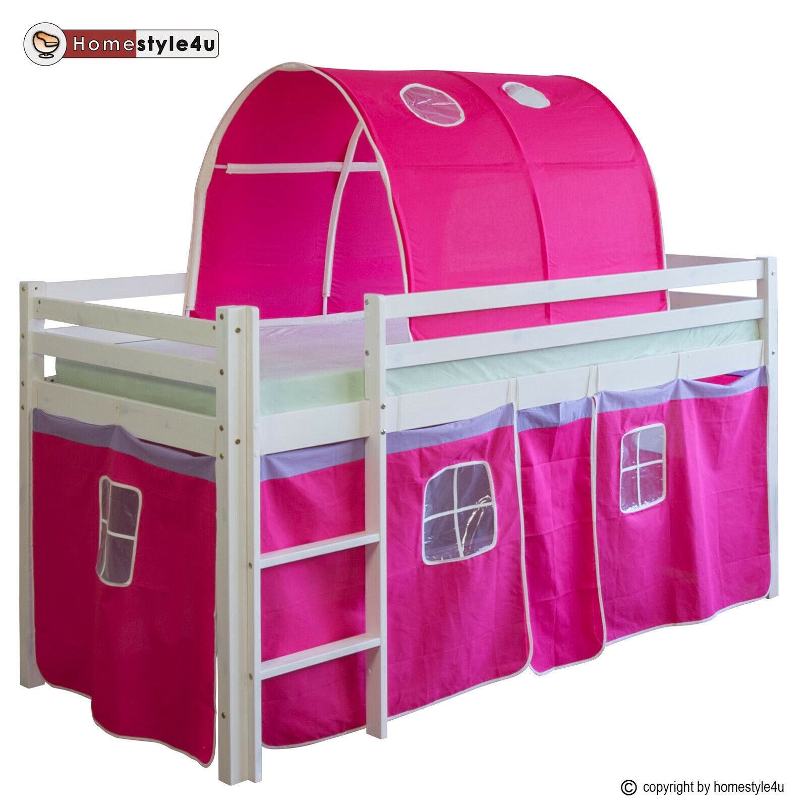 Loft Bed Kids 90x200 cm White with Curtain in Pink | Tunnel | without Slatted Frame