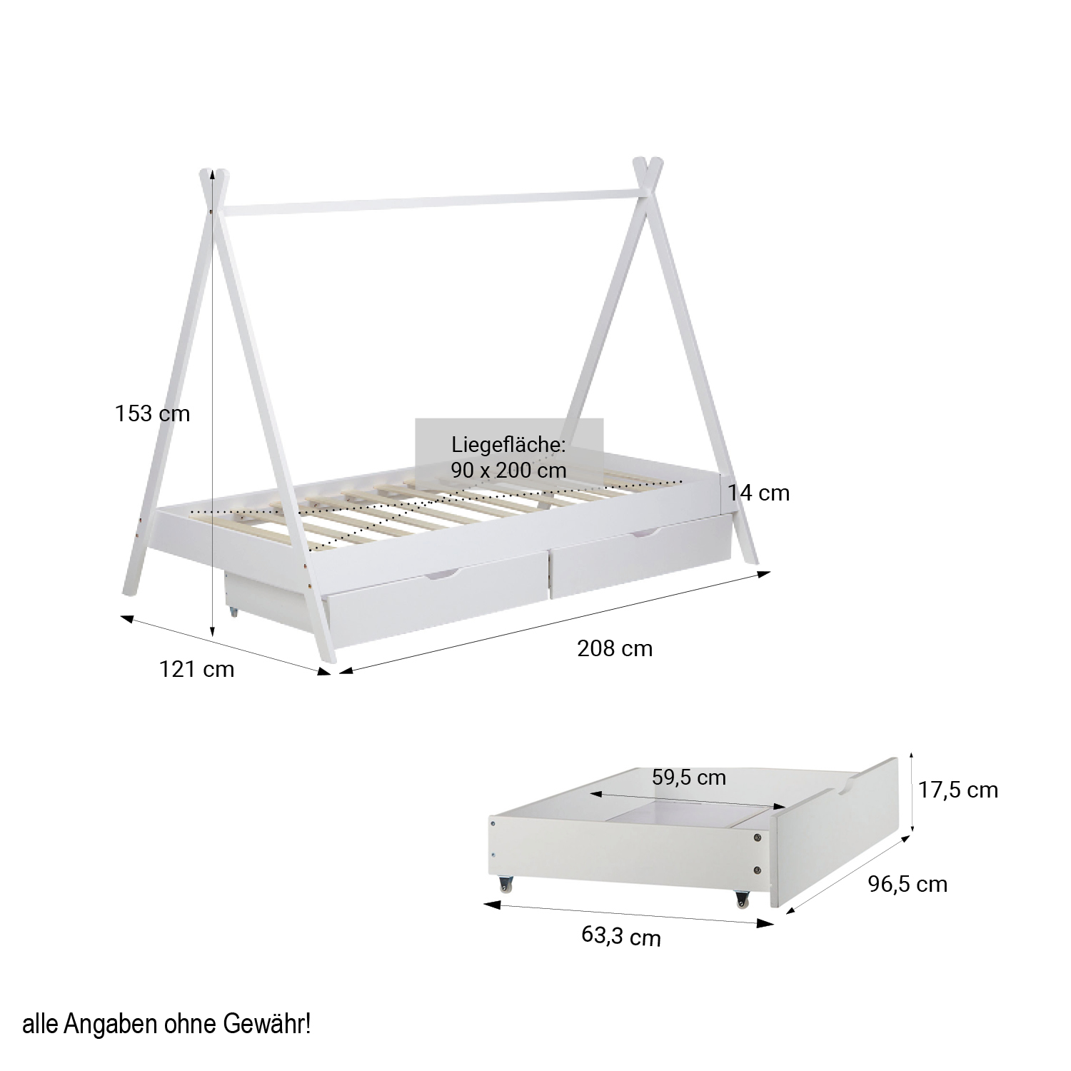 Kinderbett mit Matratze TIPI 90x200 mit 2 Bettkästen Weiß Holzbett Indianer Bett Hausbett Spielbett