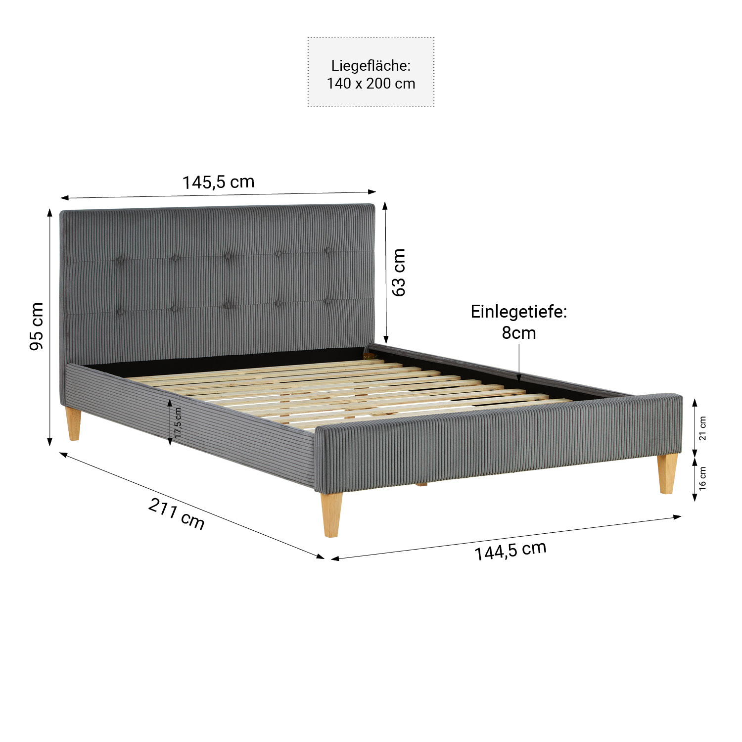 Lit 2 Places 140x200 cm avec Matelas Lit double Lit Rembourré Tissu Cordon Gris Cadre de Lit Adulte Sommier à Lattes 