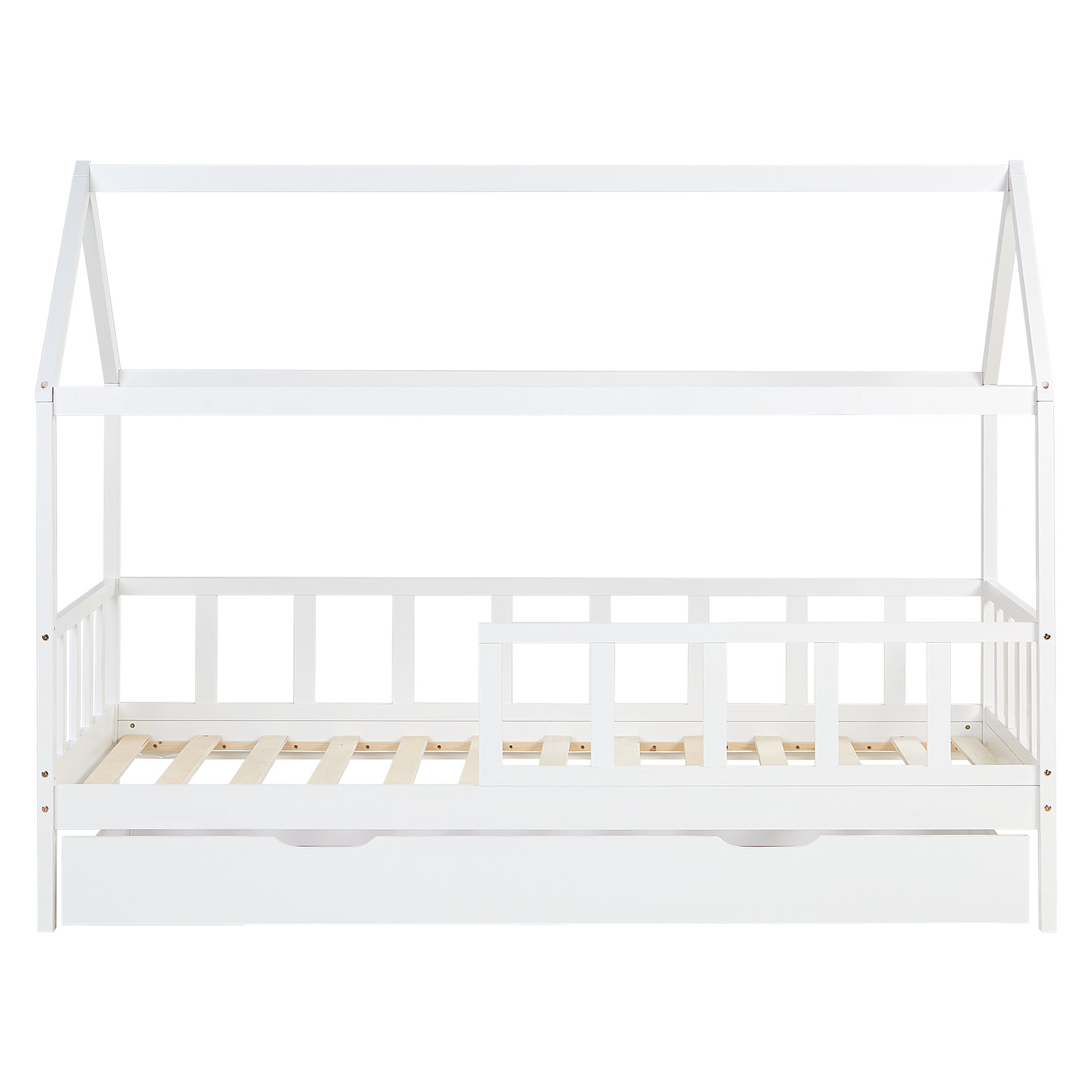 Lit Enfant 90x200 cm Blanc | Lit cabane avec barrière de protection et tiroir de lit | Montessori | Lit simple | avec sommier | Bois