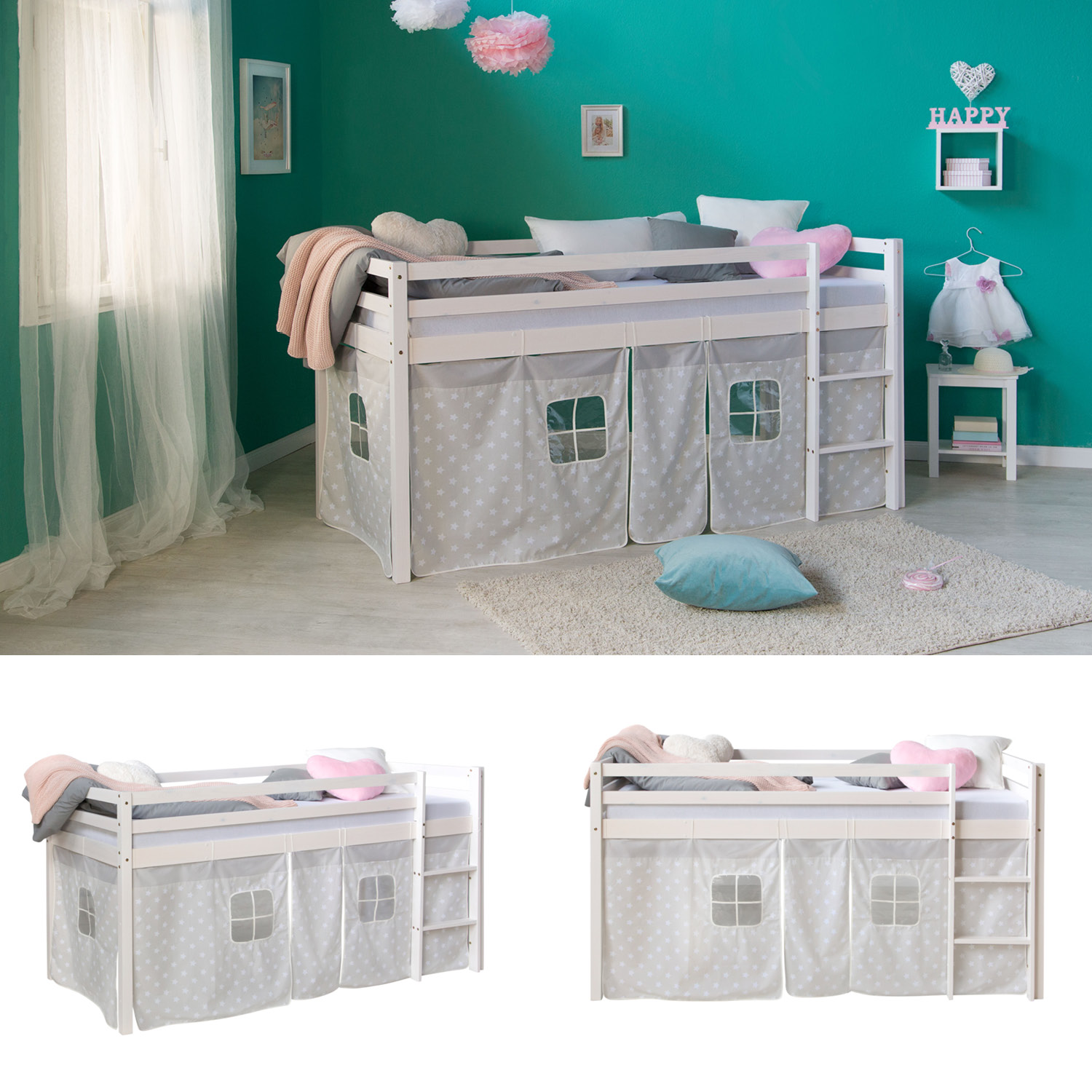 Loft Bed Kids 90x200 cm White with Curtain Stars | without Slatted Frame Loft Bed Kids 90x200 cm White with Curtain Stars | without Slatted Frame