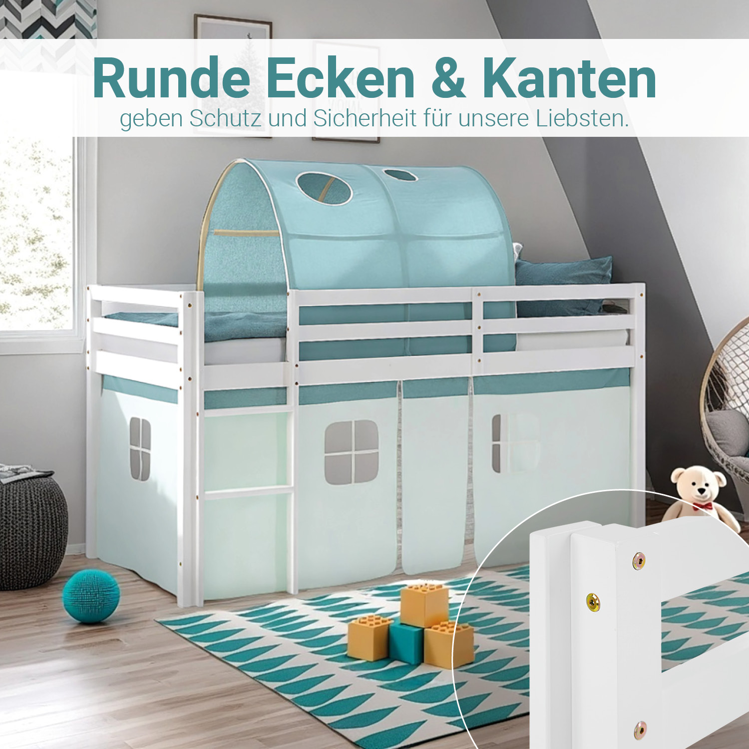 Loft Bed for Kids 90x200 cm White with Curtain in Mint Green | Tunnel | with Slatted Frame and Mattress