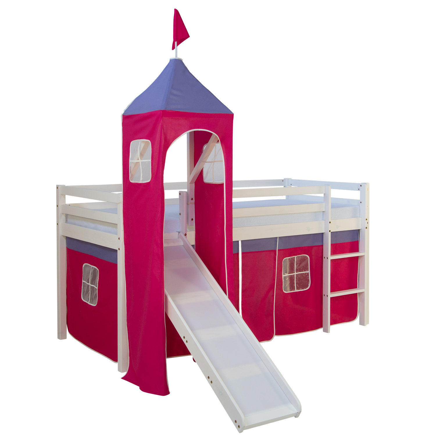 Hochbett Kinder 90x200 cm Weiß mit Vorhang in Pink | Turm | Rutsche | ohne Lattenrost