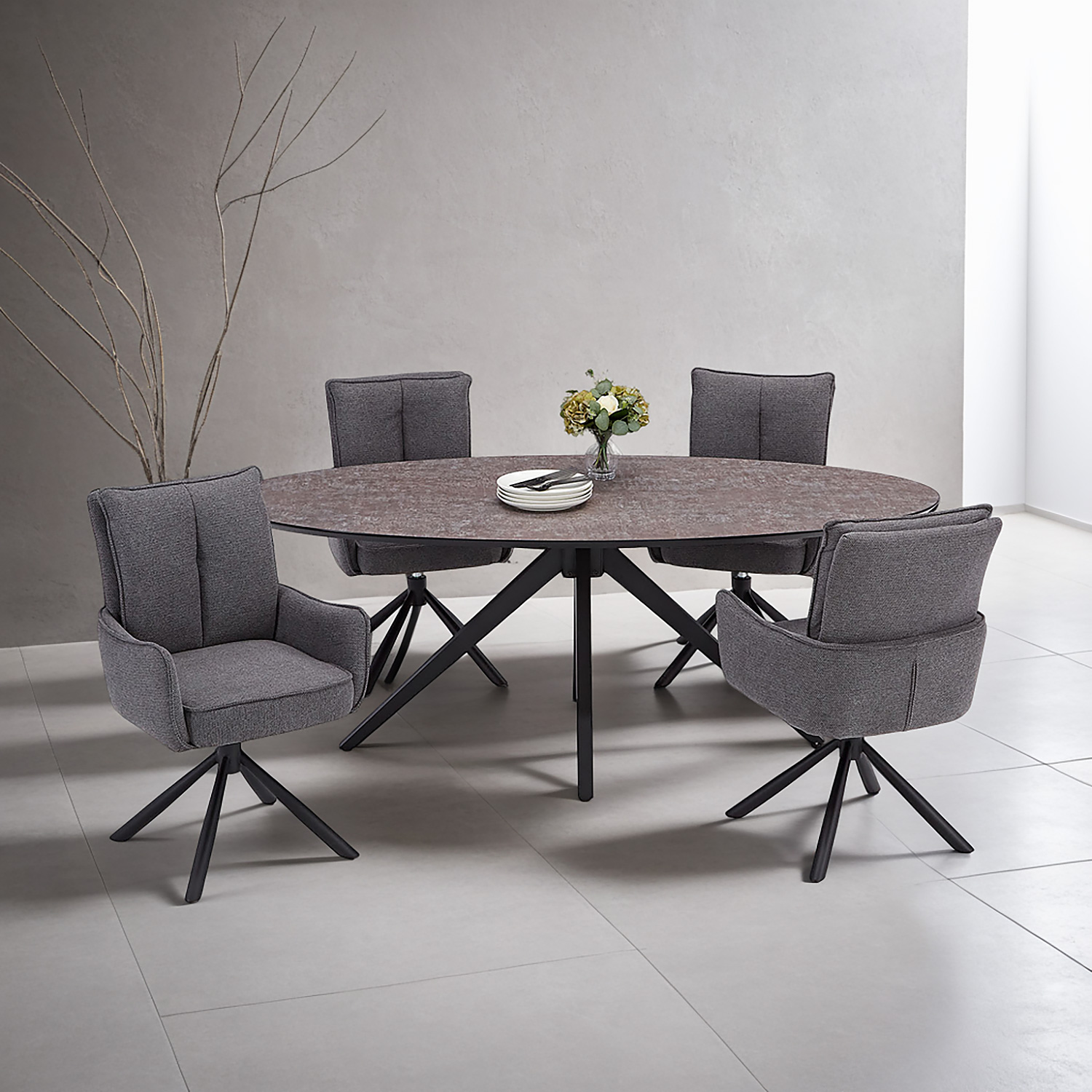 Modern Dining Table Oval Brown Black with 4 Dark Grey Fabric Chairs Dining Room Table 8 Seater Industrial Look
