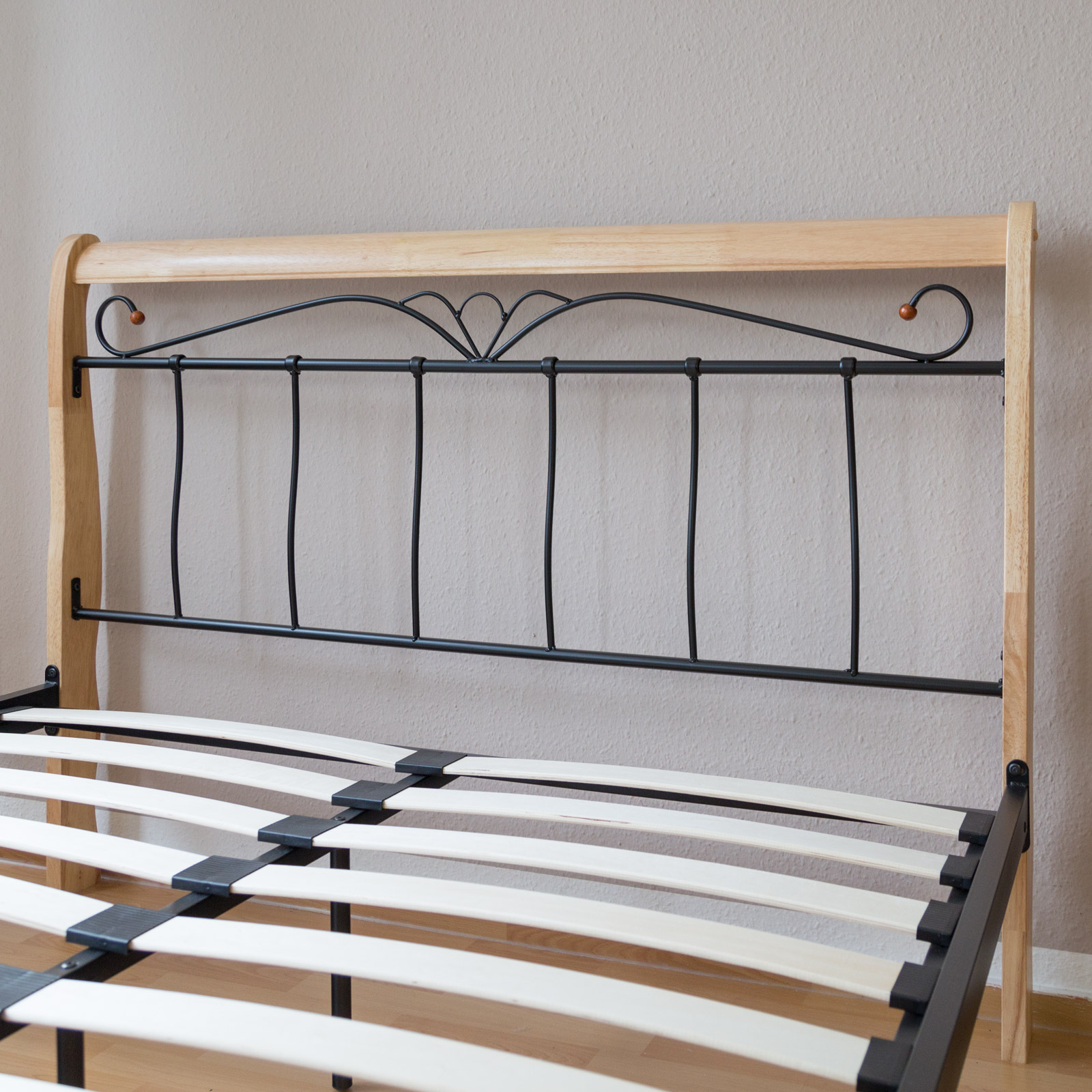 Design Iron Bed Double 160 x 200Wood Slatted black natural bed frame 1008