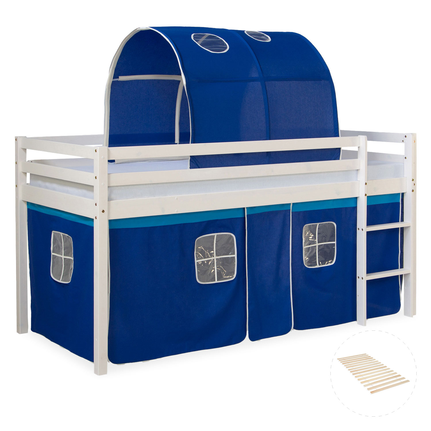 Loft Bed Kids 90x200 cm White with Curtain in Blue | Tunnel | with Slatted Frame Loft Bed Kids 90x200 cm White with Curtain in Blue | Tunnel | with Slatted Frame