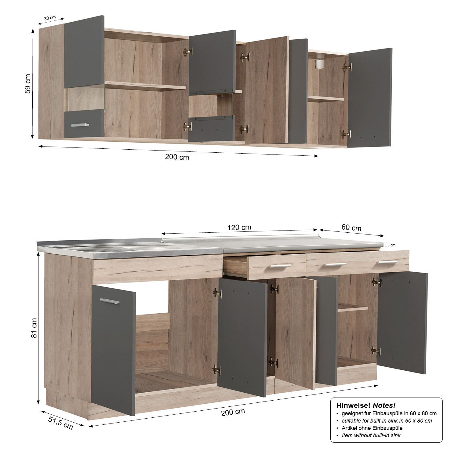 Modern Kitchen Grey Wood Kitchen Island Kitchen Cabinets Kitchen Units 200 cm Kitchen Cupboards