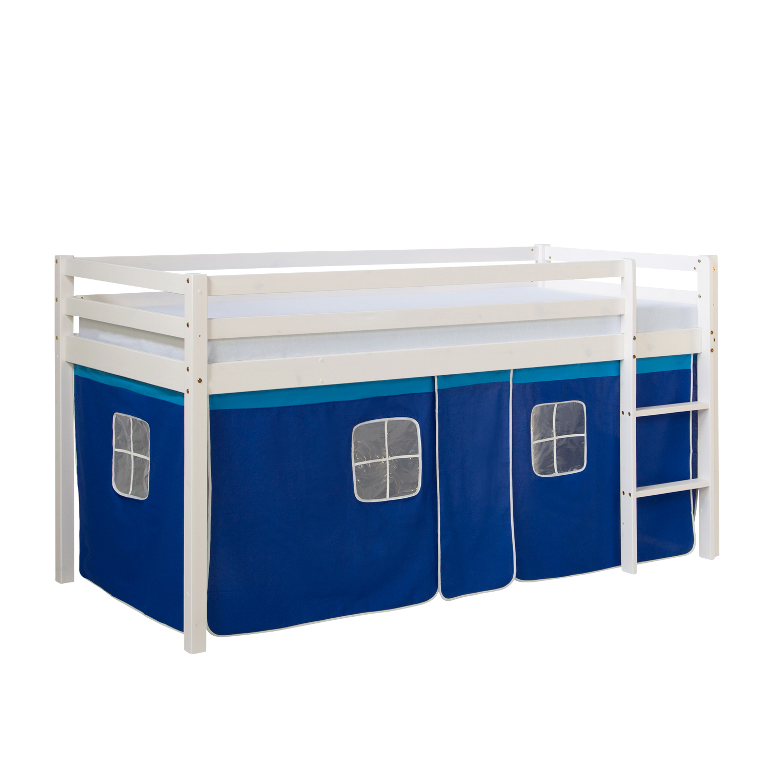 Loft Bed Kids 90x200 cm White with Curtain Blue | without Slatted Frame Loftbed 90x200 cm with Mattress Bunk bed Childrens bed Solid Pine Wood Slats Curtain Blue