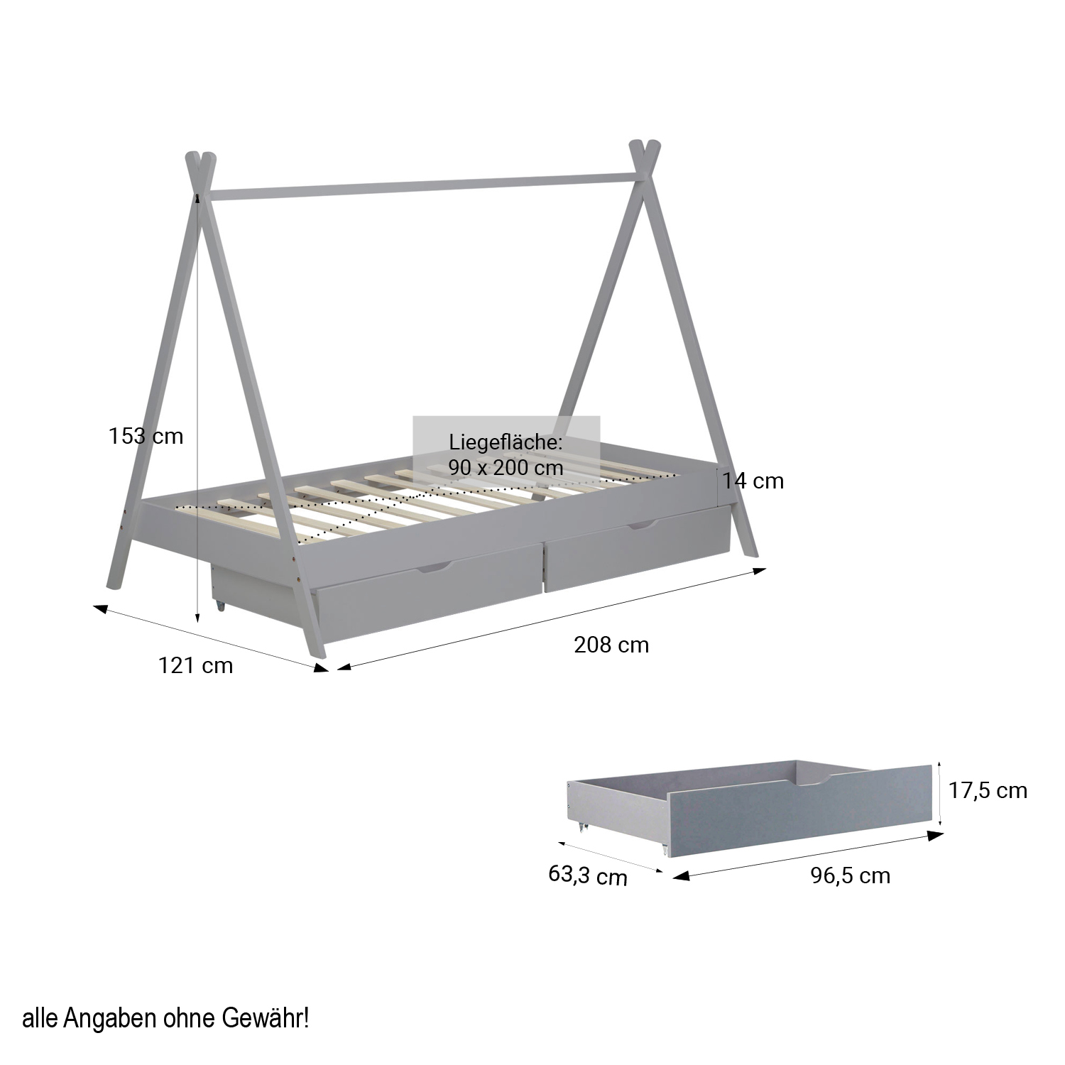 Kinderbett mit Matratze TIPI 90x200 mit 2 Bettkästen grau Holzbett Indianer Bett Hausbett Spielbett