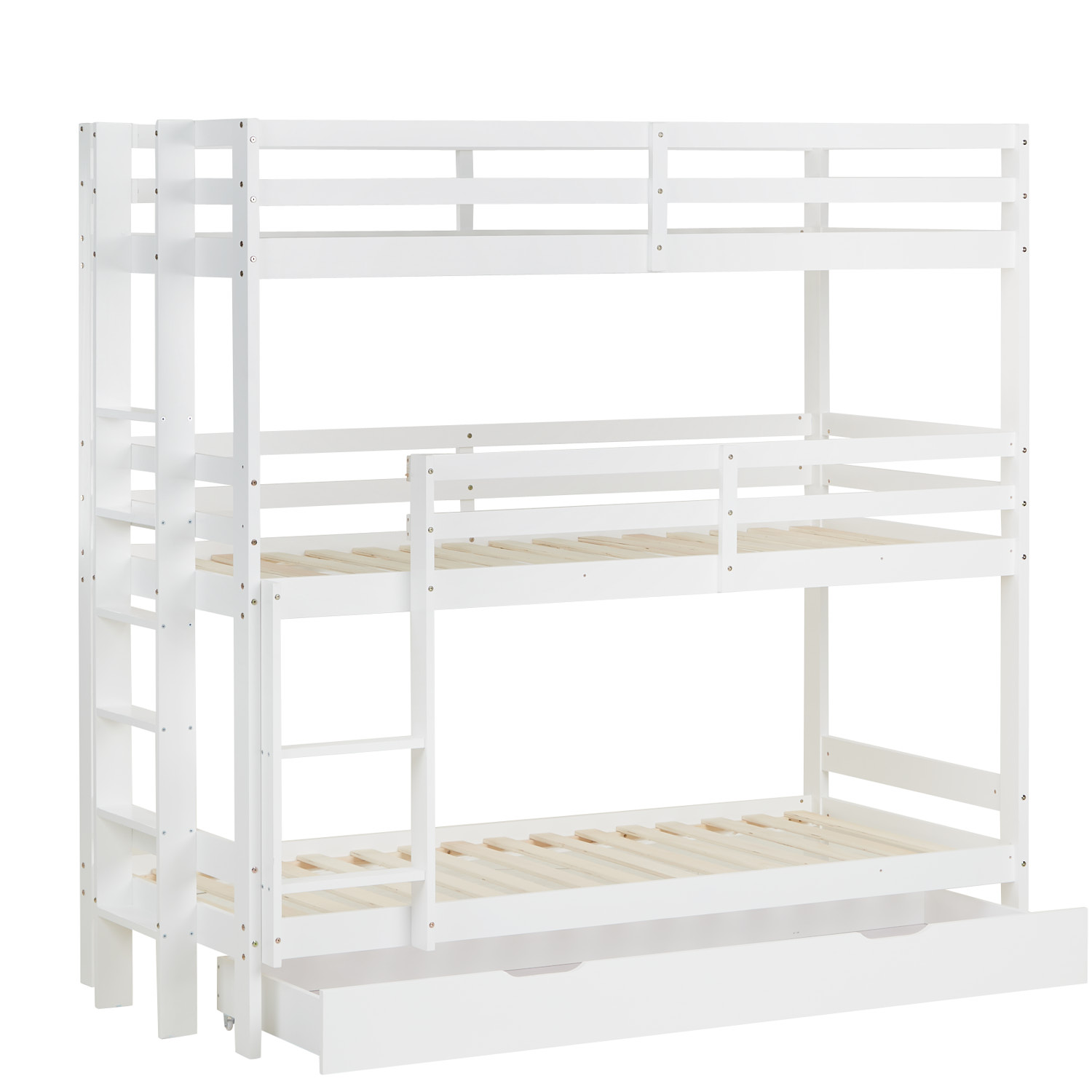 Bunk Bed 3 Levels 90x200 cm White | Ladders White | with Slatted Frame | with Bed Drawer