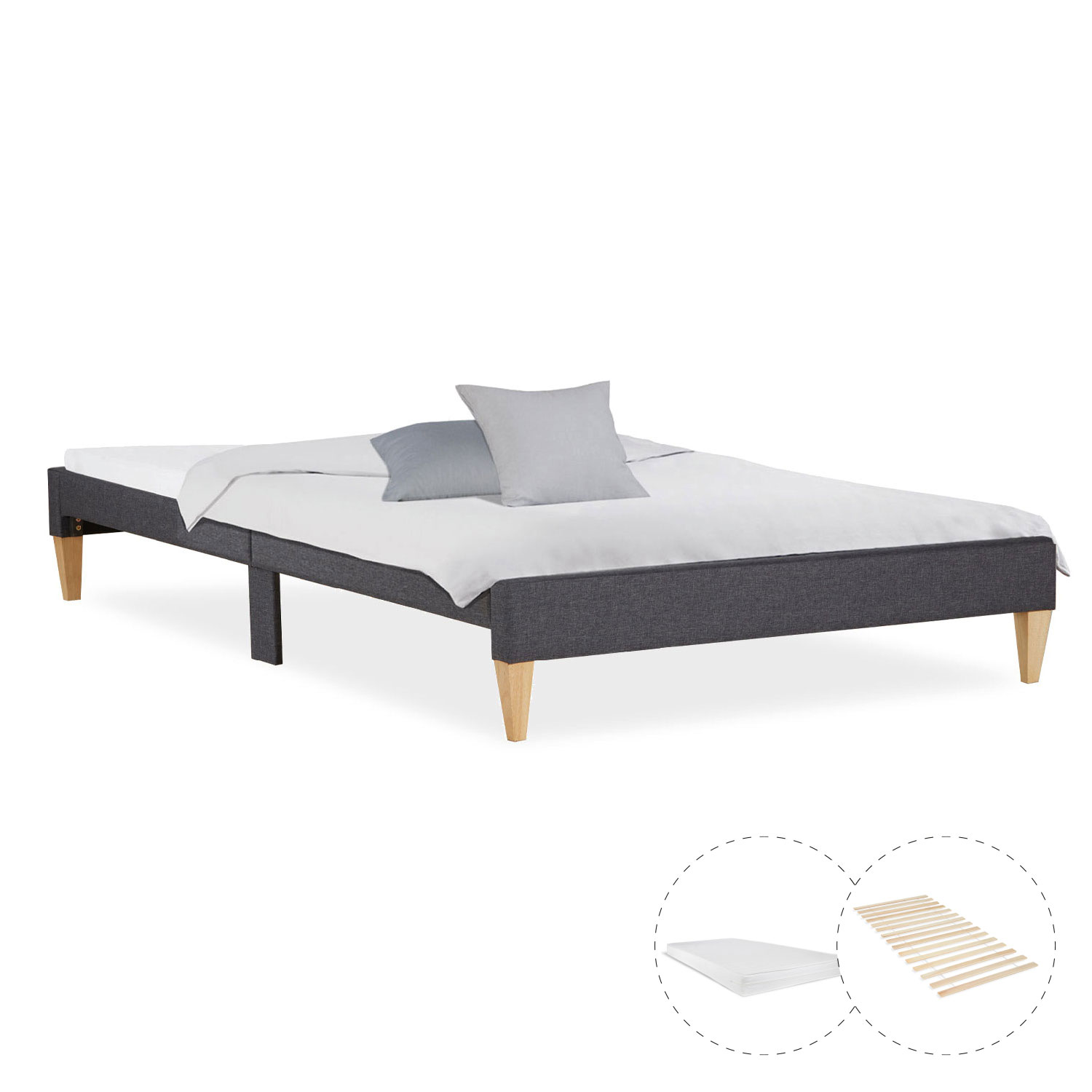 Upholstered bed 140x200 cm grey | futon bed | with slatted frame | with mattress | double fabric bed frame