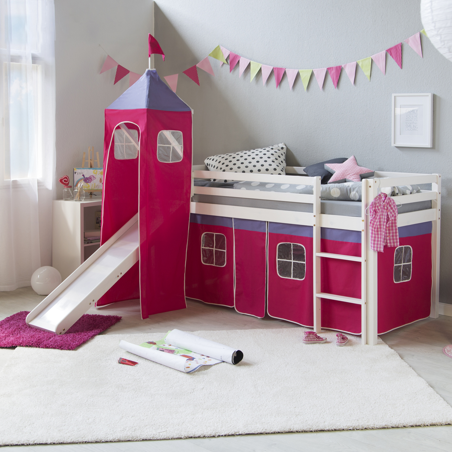 Hochbett mit Matratze 90x200 cm Turm Rutsche Stockbett Kinderbett Leiter Holz Kiefer Vorhang pink Lattenrost Spielbett