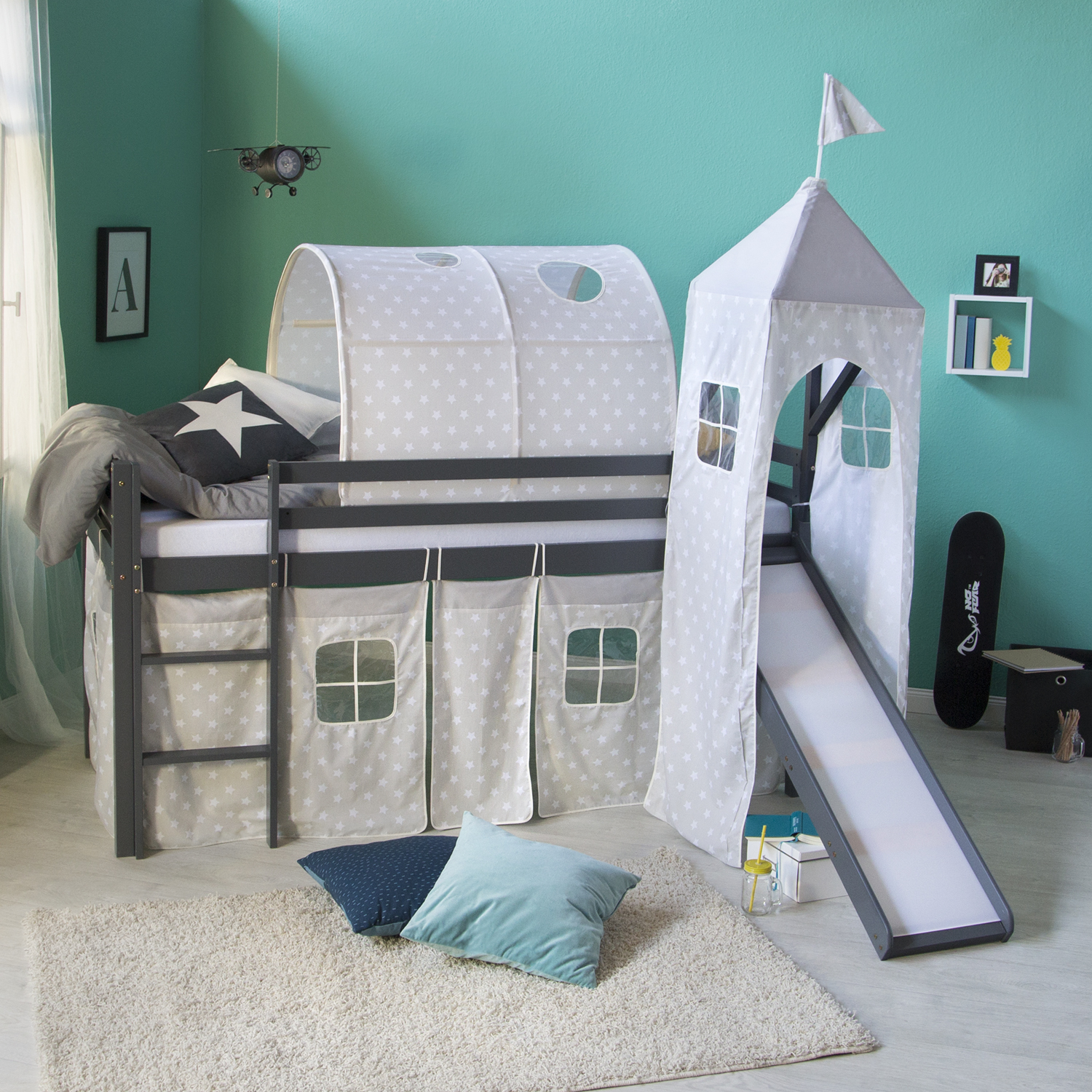 Lit Mezzanine Enfant 90x200 cm Gris avec Rideau Étoiles | Tunnel | Tour | Toboggan | sans Sommier