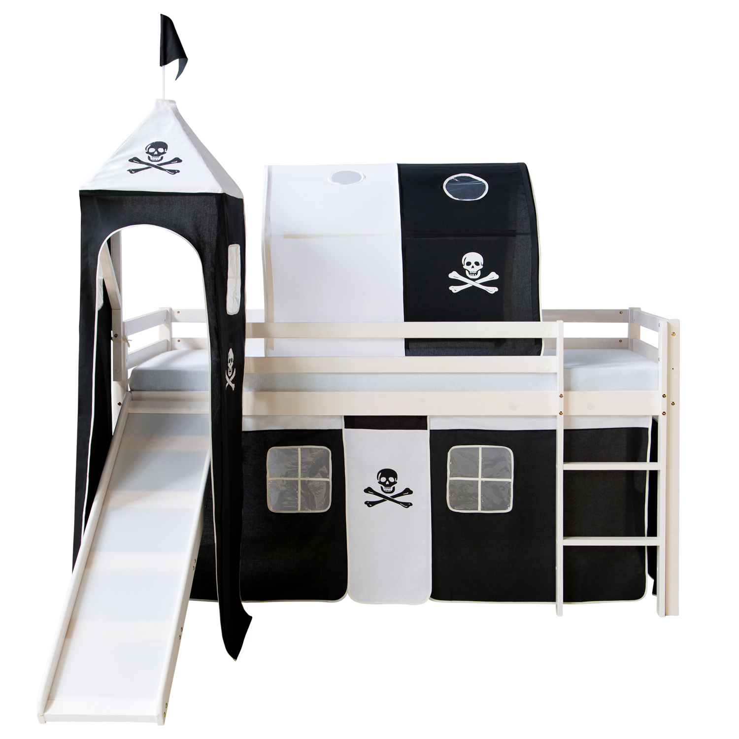 Loft Bed Kids 90x200 cm White with Curtain Black | Tunnel | Tower | Slide | without Slatted Frame Loftbed 90x200 cm with Tower Tunnel Slide Mattress Bunk bed Childrens bed Solid Pine Wood Slats Curtain Black Pirate