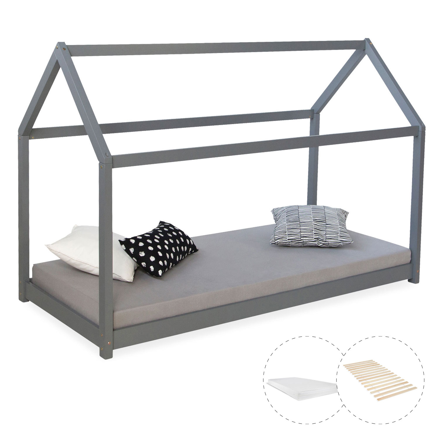 Childrens bed with mattress 90 x 200 cm playbed housebed wooden bed grey Childrens bed with mattress 90 x 200 cm playbed housebed wooden bed grey