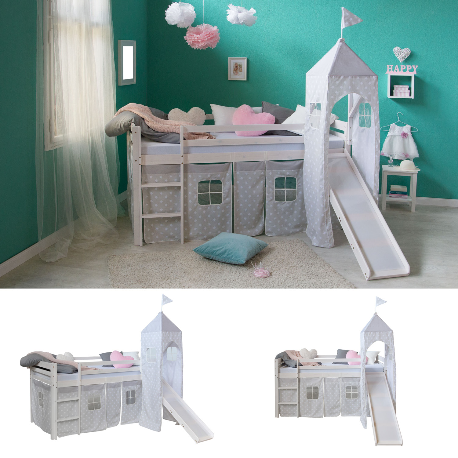 Loft Bed Kids 90x200 cm White with Curtain Stars | Tower | Slide | without Slatted Frame